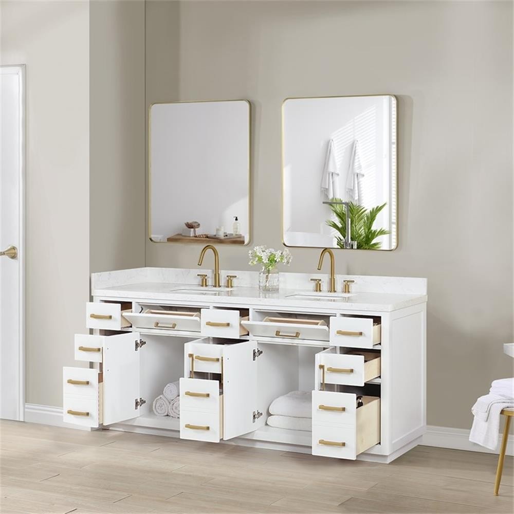 Gavino 84″ Wood Vanity in White with Composite Stone Top with Mirror