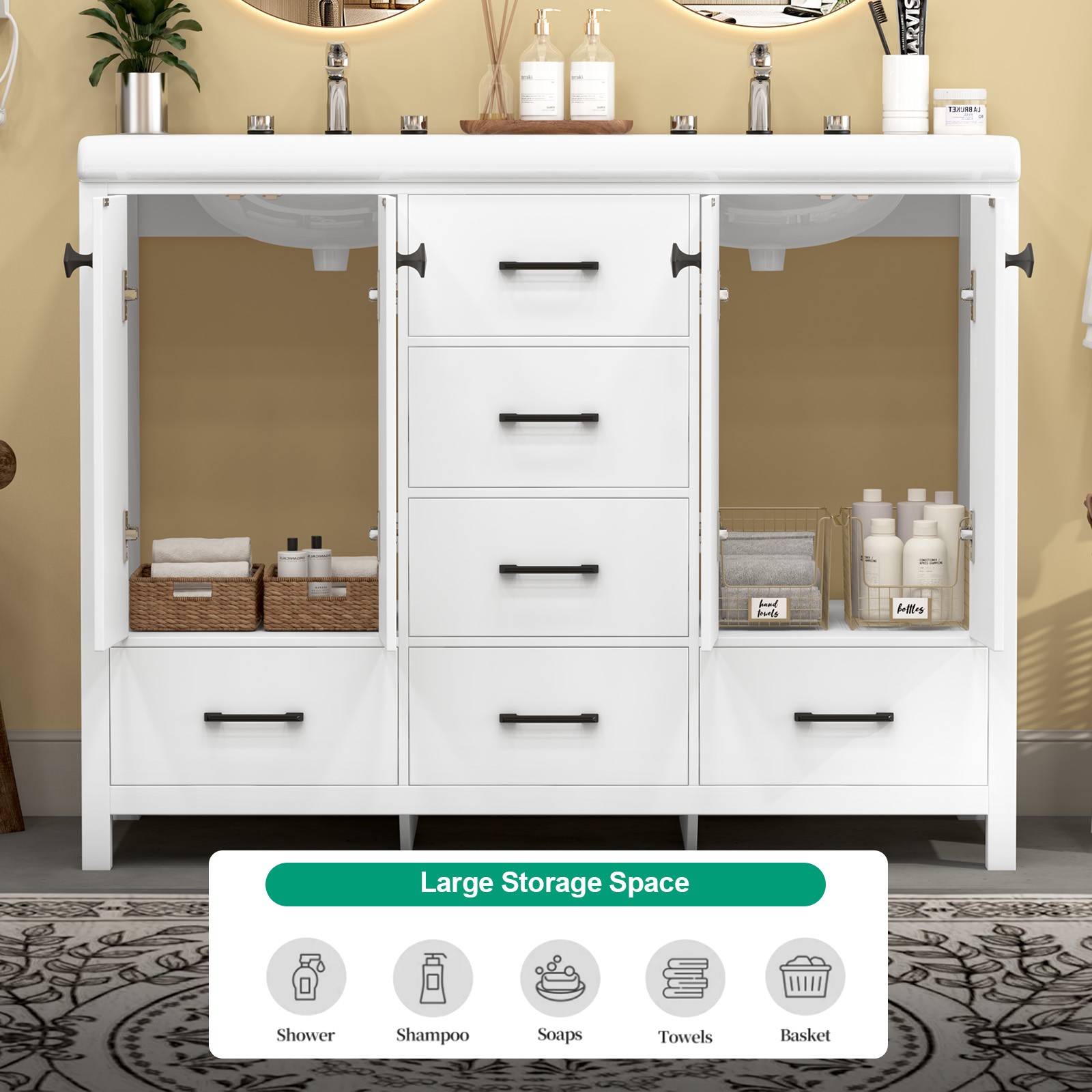 47″ White Bathroom Vanity Storage Cabinet with Double Ceramic Sink Freestanding