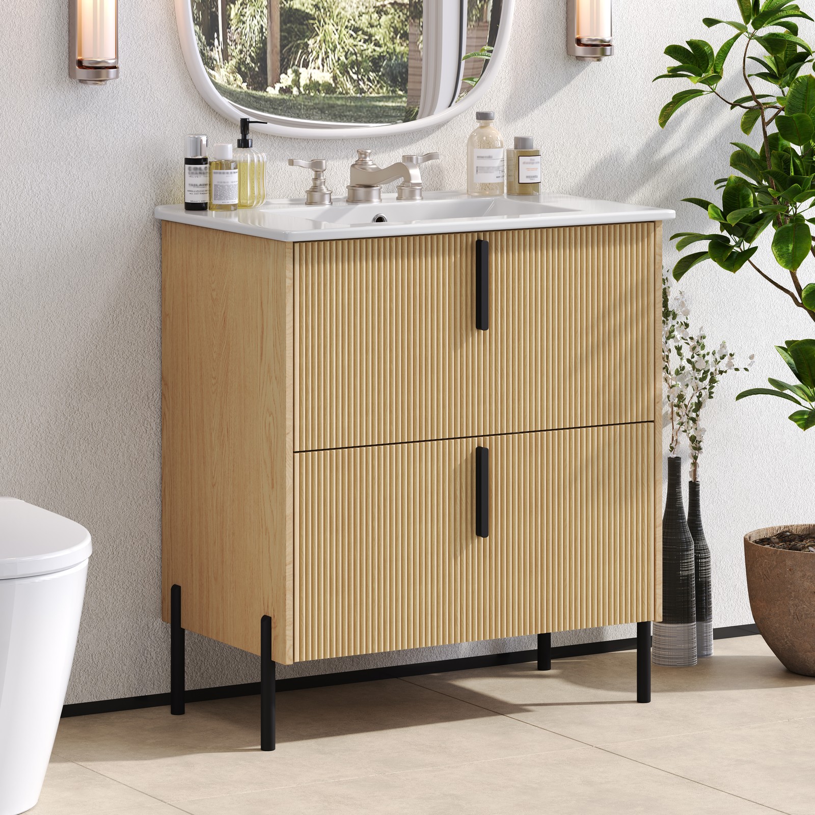 30″ Bathroom Vanity with Ceramic Sink, Soft Close Drawers, Fluted