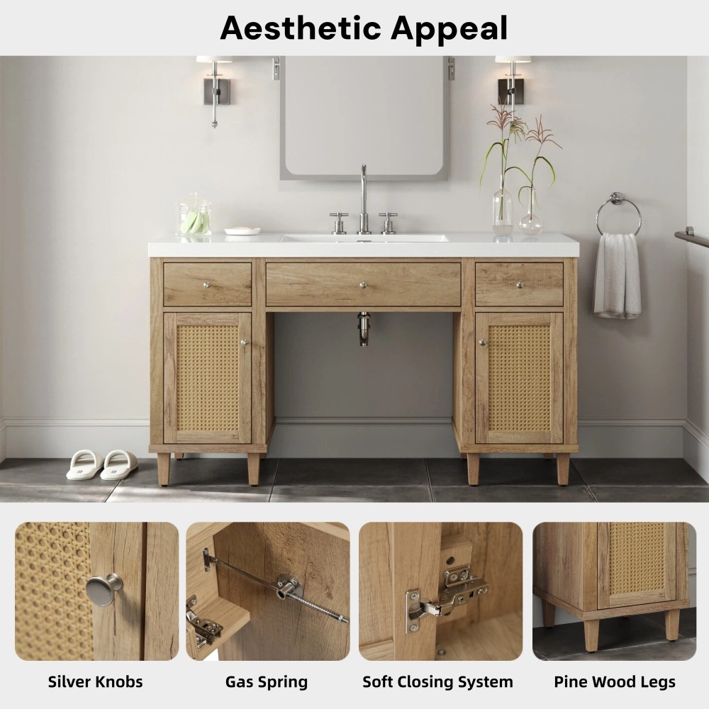 60 Inch Bathroom Vanity with SMC Sink, Modern Spacious Bathroom Storage Cabinet