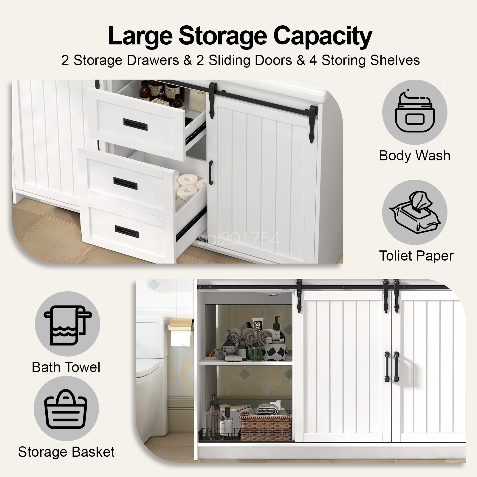 Bathroom Vanity Freestanding Ceramic Sink Cabinet With Doors and Drawers White