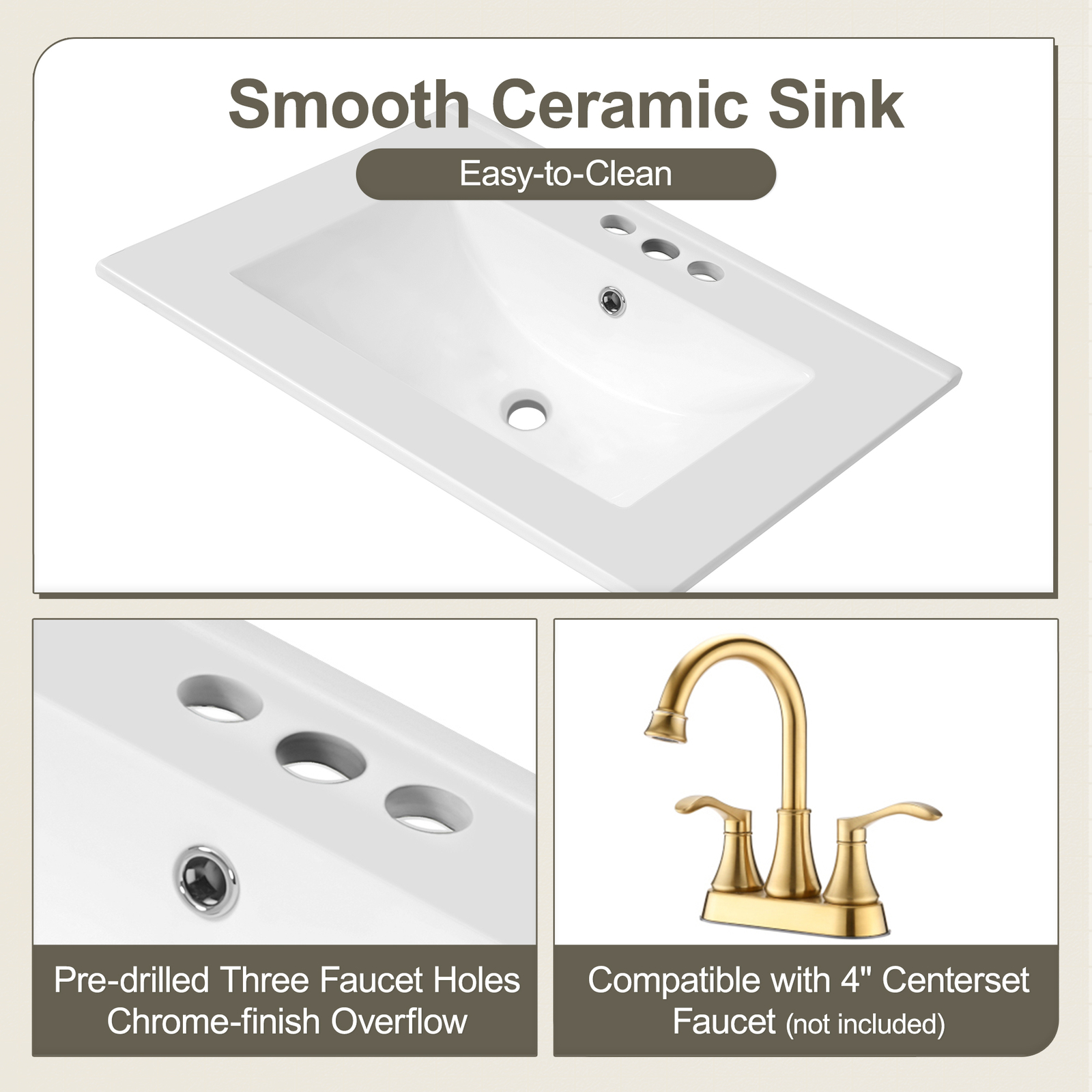 Bathroom Vanity with Ceramic Sink Solid Wood Frame Storage Cabinet Deep Drawer