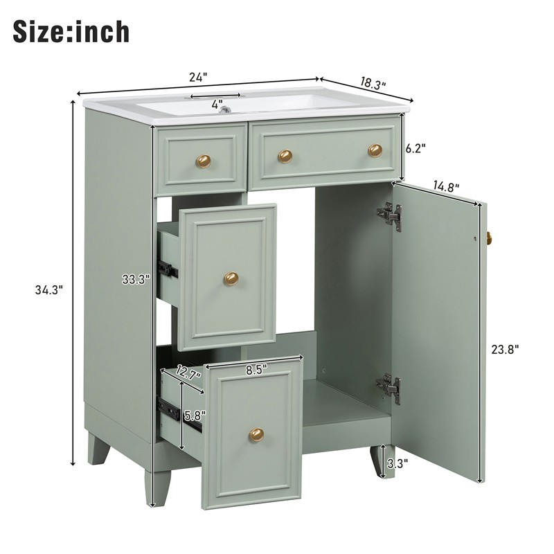 24″ Green Bathroom Vanity Cabinet with Ceramic Sink,2 Drawers,1 Soft-Close Door