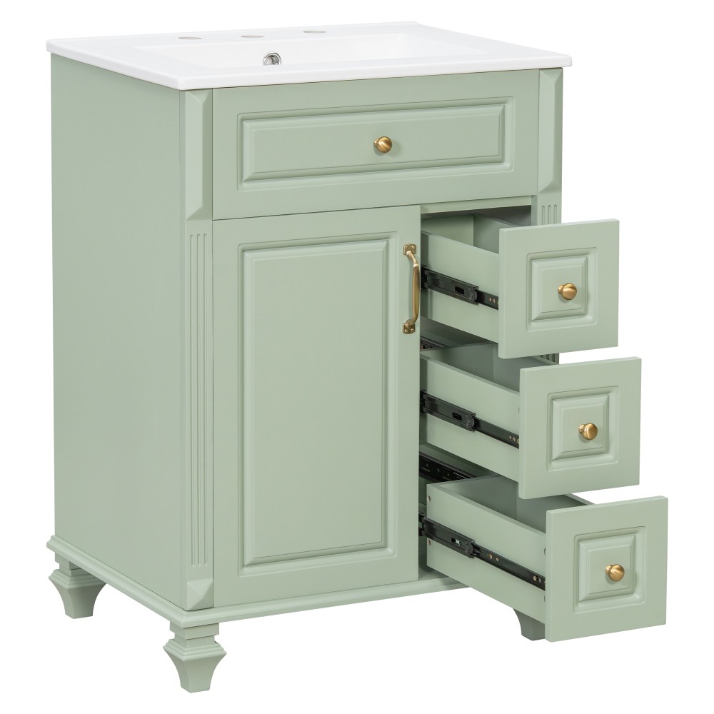 24″ Freestanding Vanity with Ceramic Sink & 3 Drawers, Solid Wood & MDF, Green