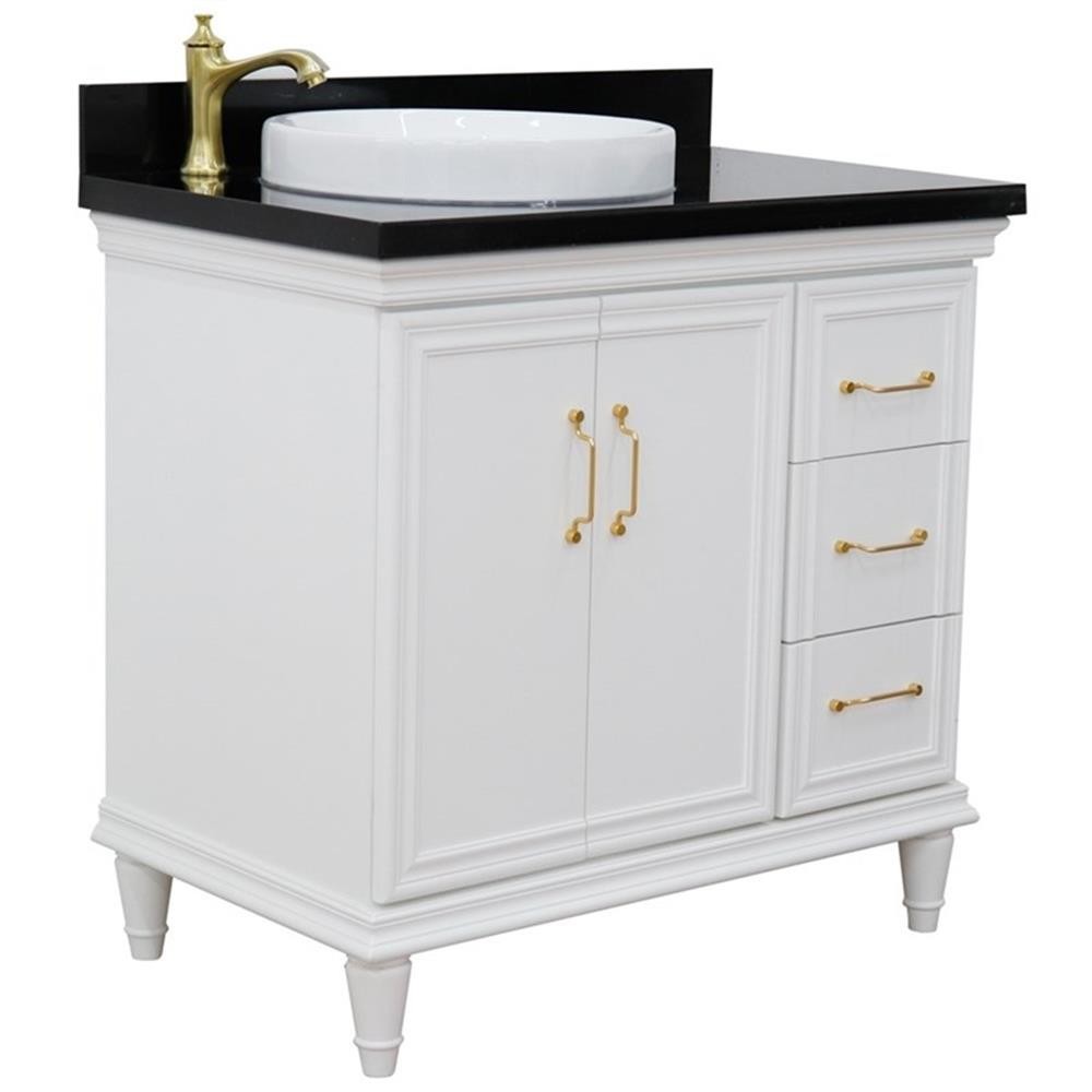 37 in. Single Wooden Vanity White Black Galaxy Round Left Door.Left Sink