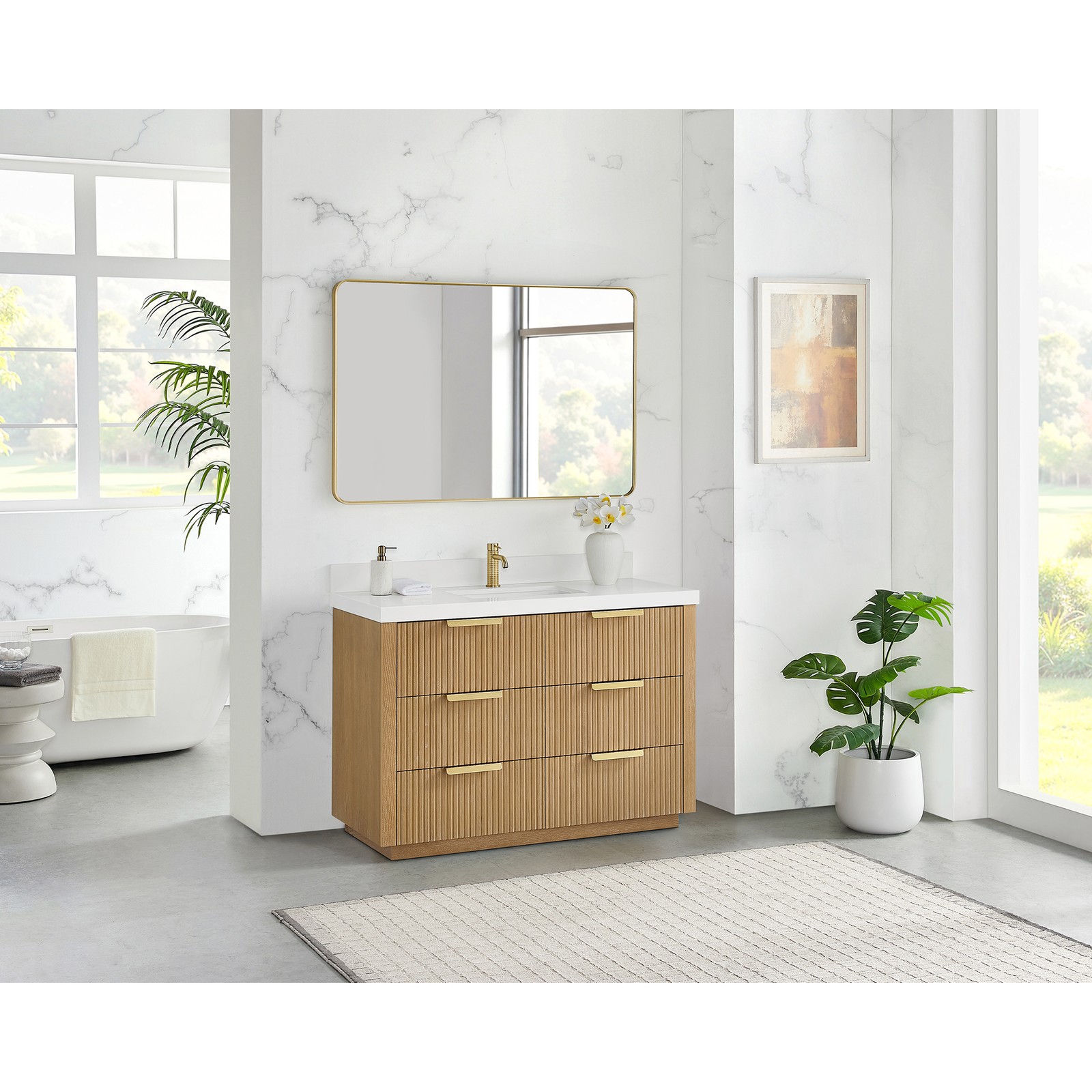 Santarem 48″ Single Bath Vanity in Washed Ash Grey with White Quartz Stone Top