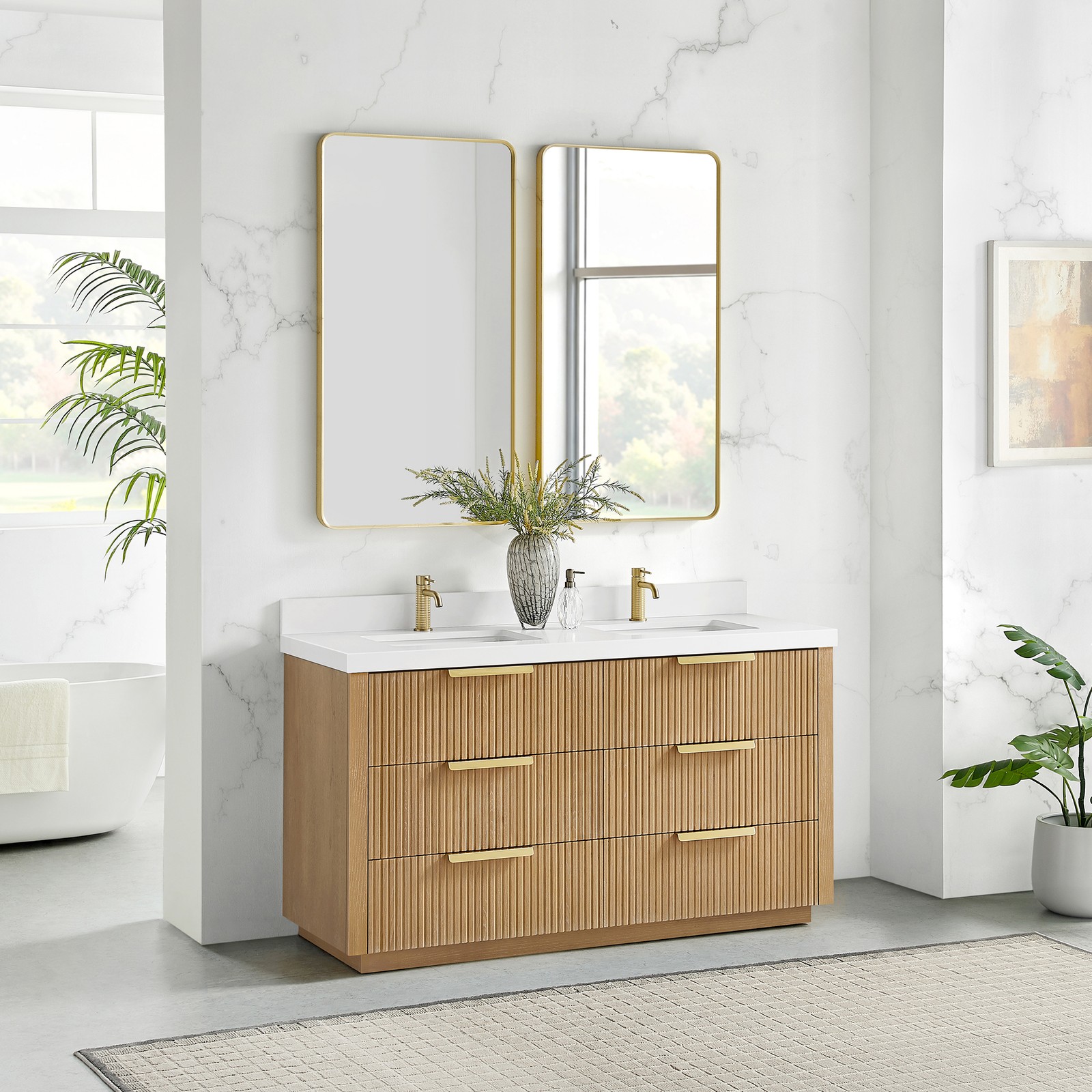 Santarem 60″ Double Bath Vanity in Washed Ash Grey with White Quartz Stone Top