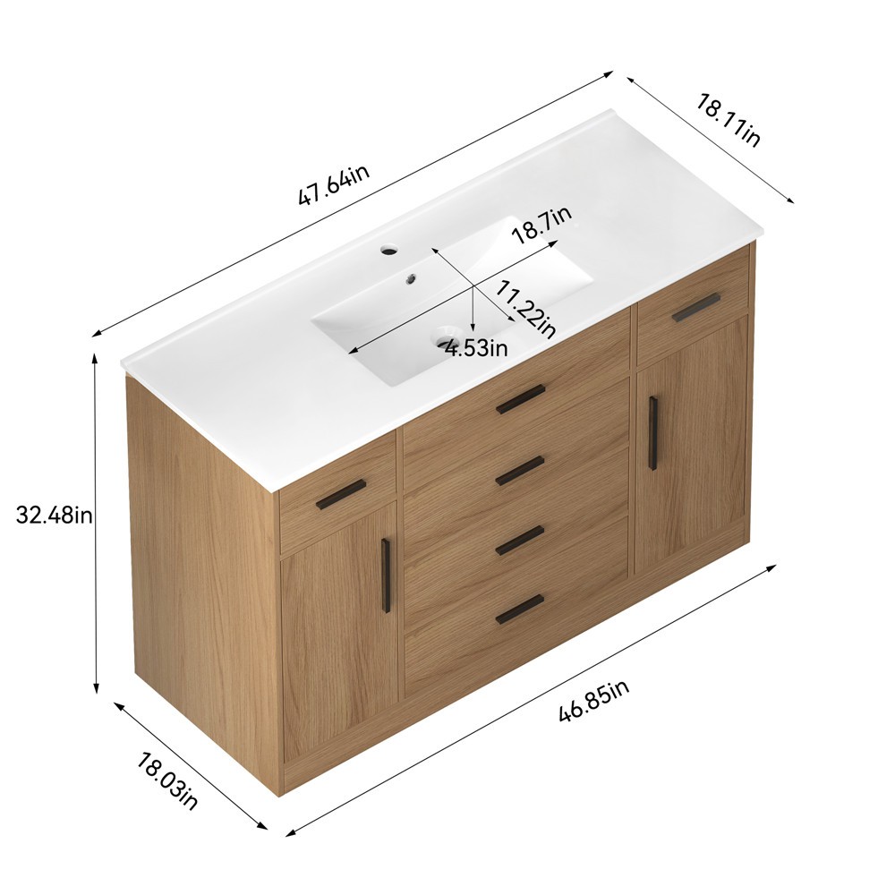 48″ Bathroom Vanity w/Sink,Freestanding Vanity Storage Cabinet,5 Drawers,2 Doors
