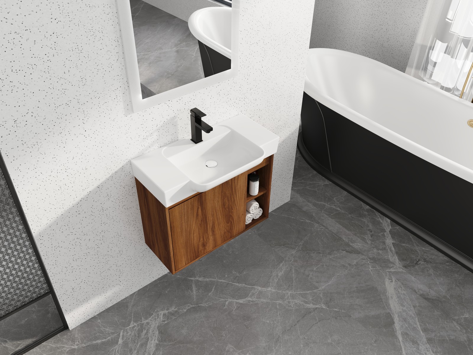 28″ Plywood Wall-Mounted Bathroom Vanity W/ Ceramic Sink Brown For Small Space