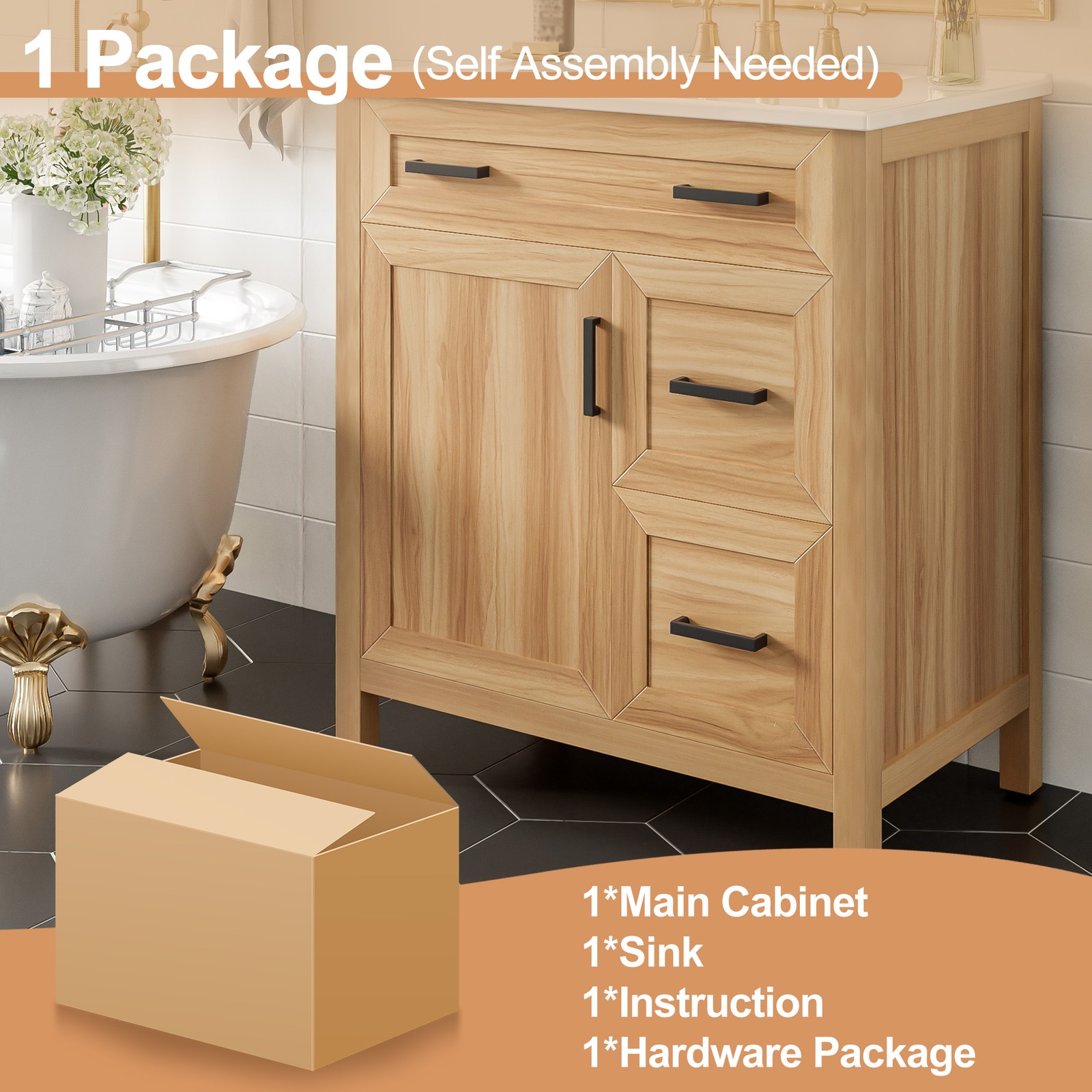 30″ Bathroom Vanity Solid Wood Frame W/Soft Close Door 2 Drawers Storage Cabinet