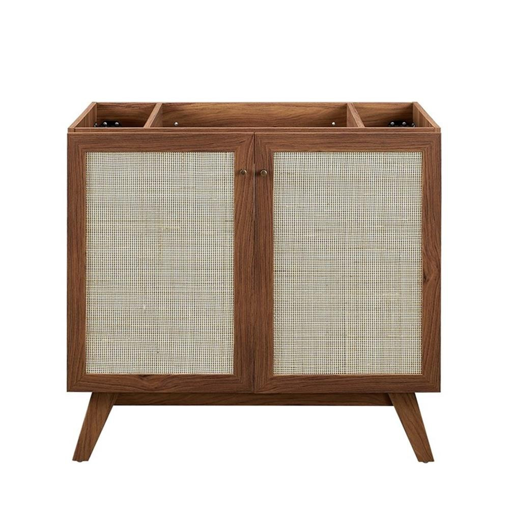 Modway Soma 36″ Modern Wood Bathroom Vanity with Rattan Door in Walnut/White