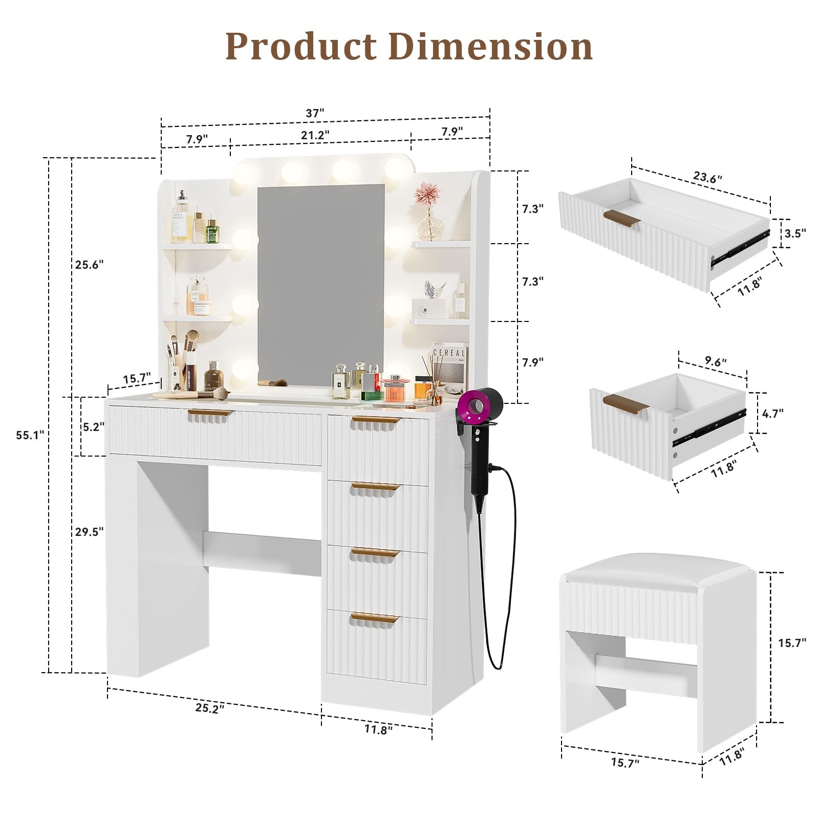 Makeup Vanity Desk Lighted Mirror 5 Drawers Charging Station