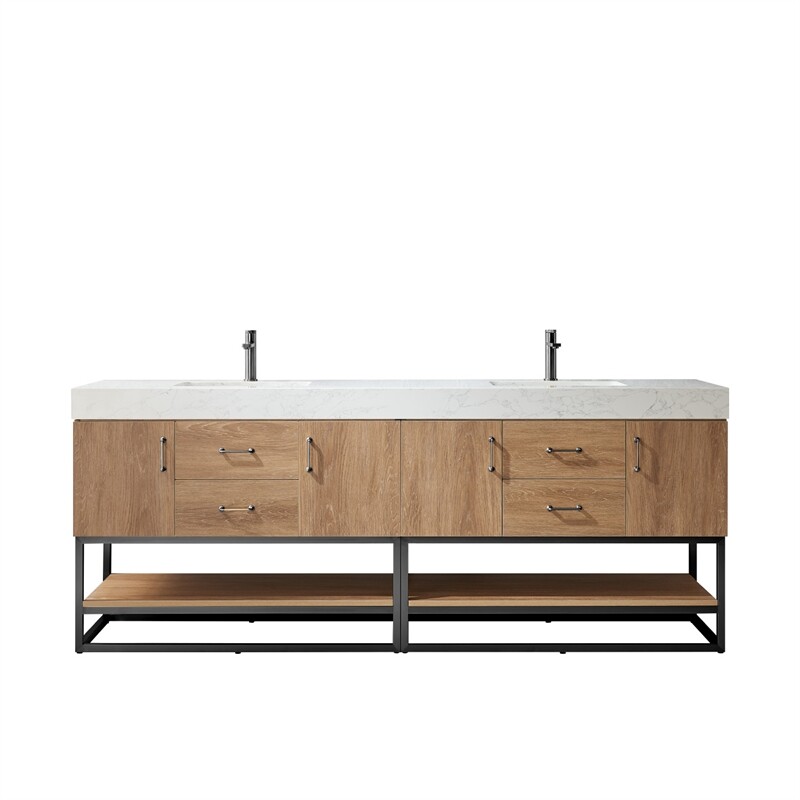 Vinnova Alistair 84″ White Stone Top Oak Double Vanity Black Frame w/o Mirror