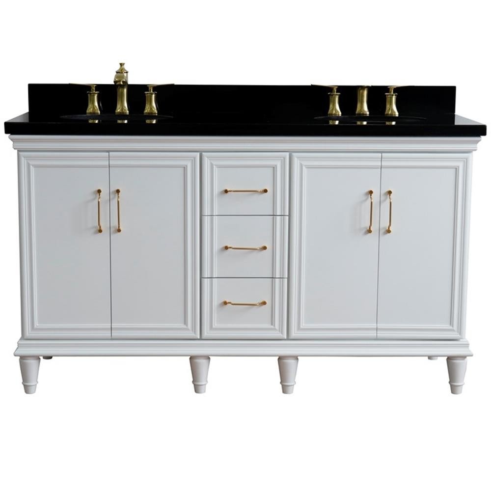 61 in. Double Wooden Vanity White Black Galaxy Granite Oval Sink