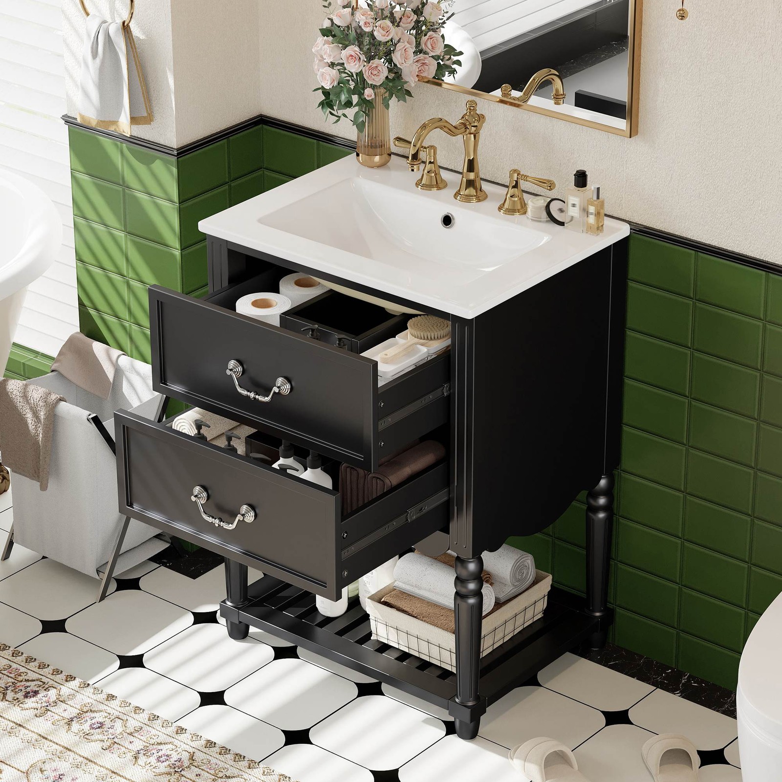 FUNIDEE 24″ Vintage Bathroom Vanity Storage Cabinet with Ceramic Sink Black
