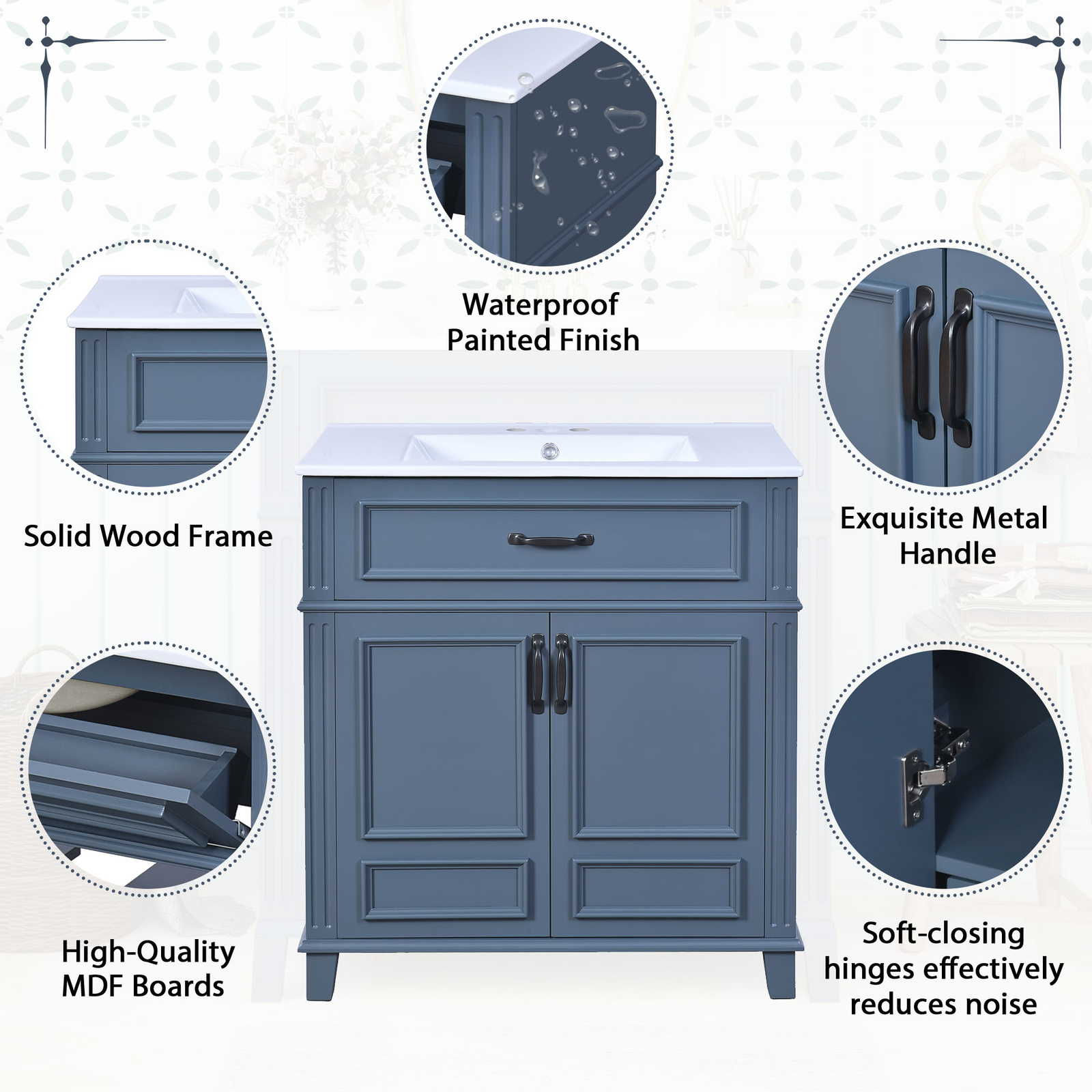 30” Bathroom Vanity with Ceramic Sink,Solid Wood Frame Bathroom Storage Cabinet