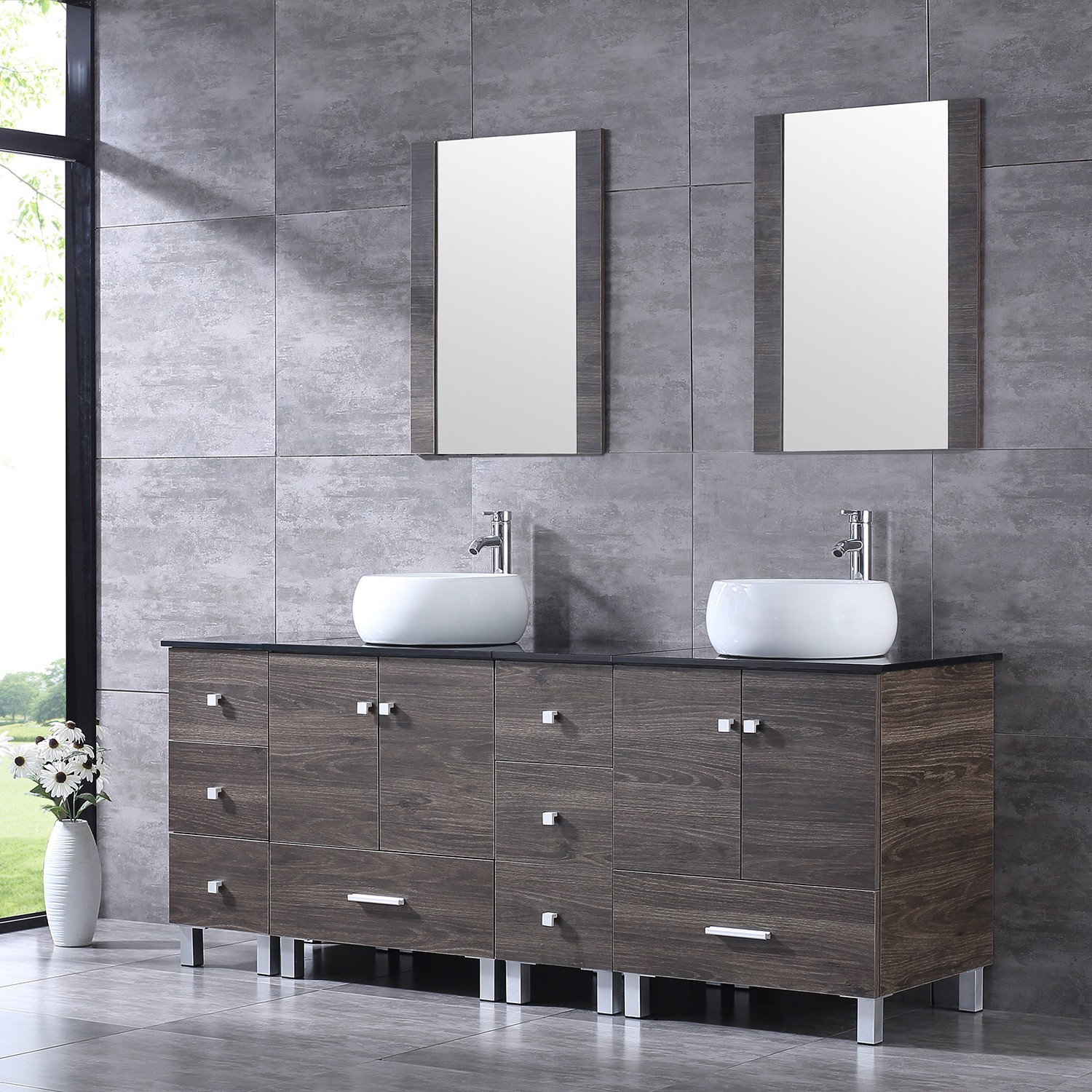 72″ Bathroom Vanity Free Standing Cabinet Ceramic Vessel Sink w/Mirror Faucet