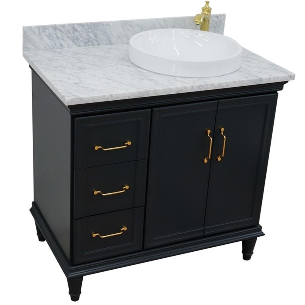 37 in. Single Wooden Vanity Dark Gray White Carrara Round Right Door.Right Sink