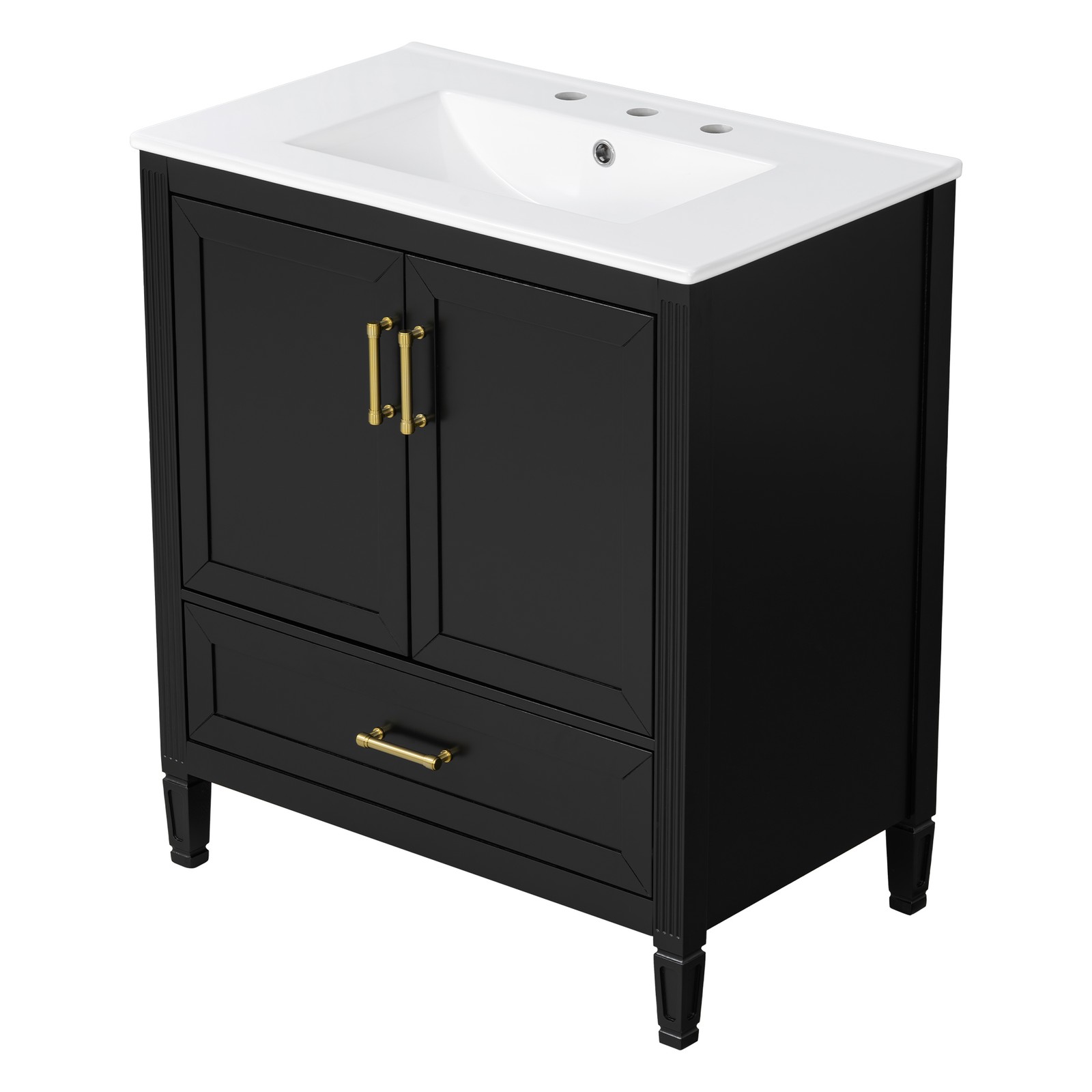 30 Inch Black Fluted Bathroom Vanity with Ceramic Sink, Soft-Close