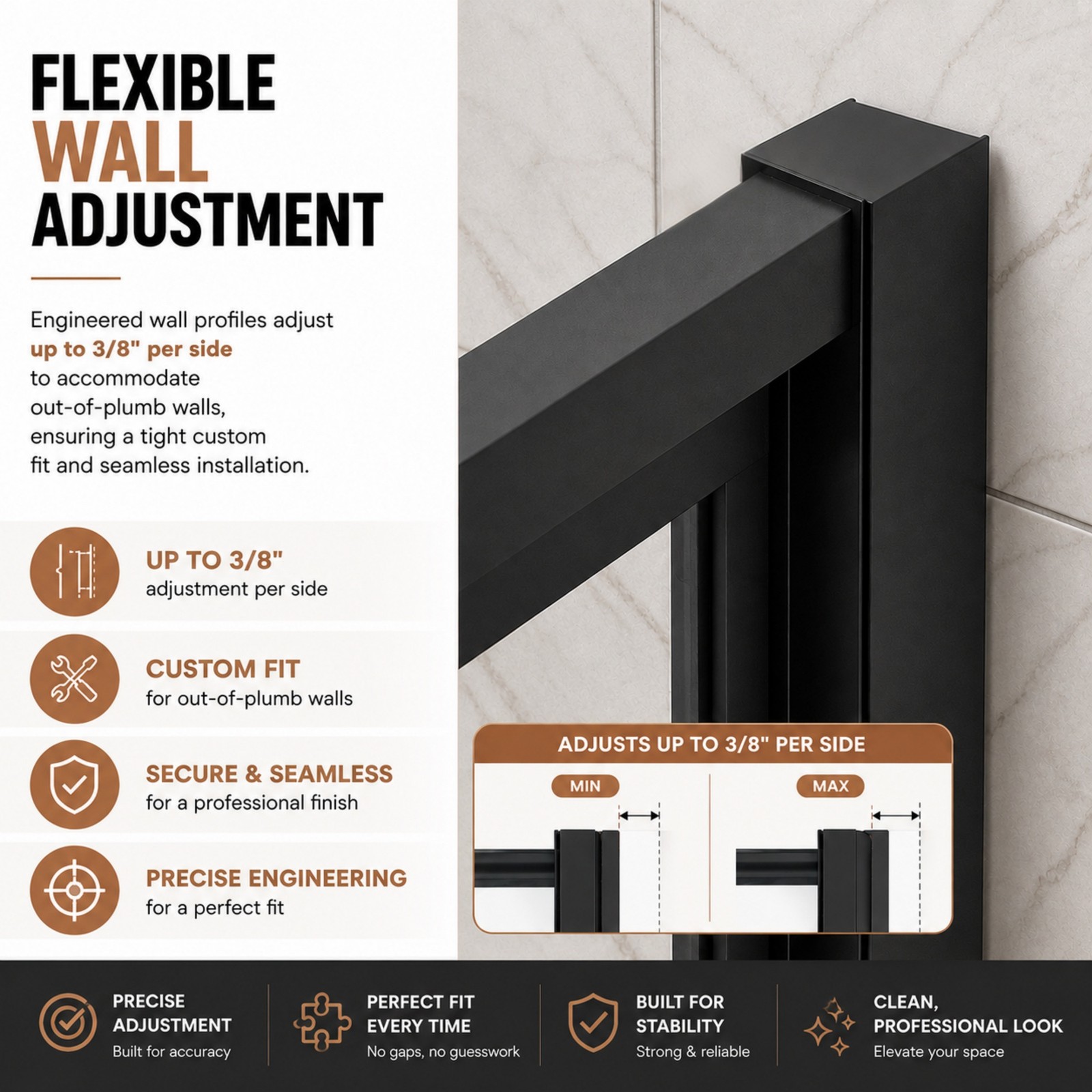 Semi-Frameless Pivot Hinged Glass Shower Door 44-48″ W x 72″ H