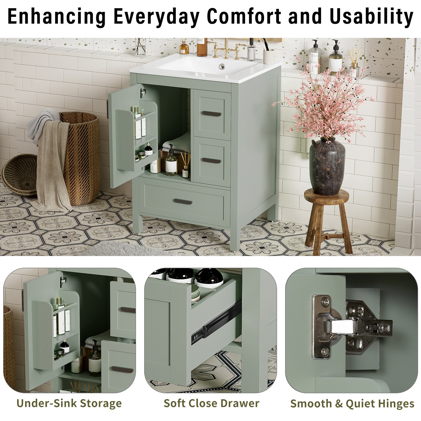 24″ Bathroom Vanity w/Ceramic Sink Modern Freestanding Vanity Cabinet w/3 Doors