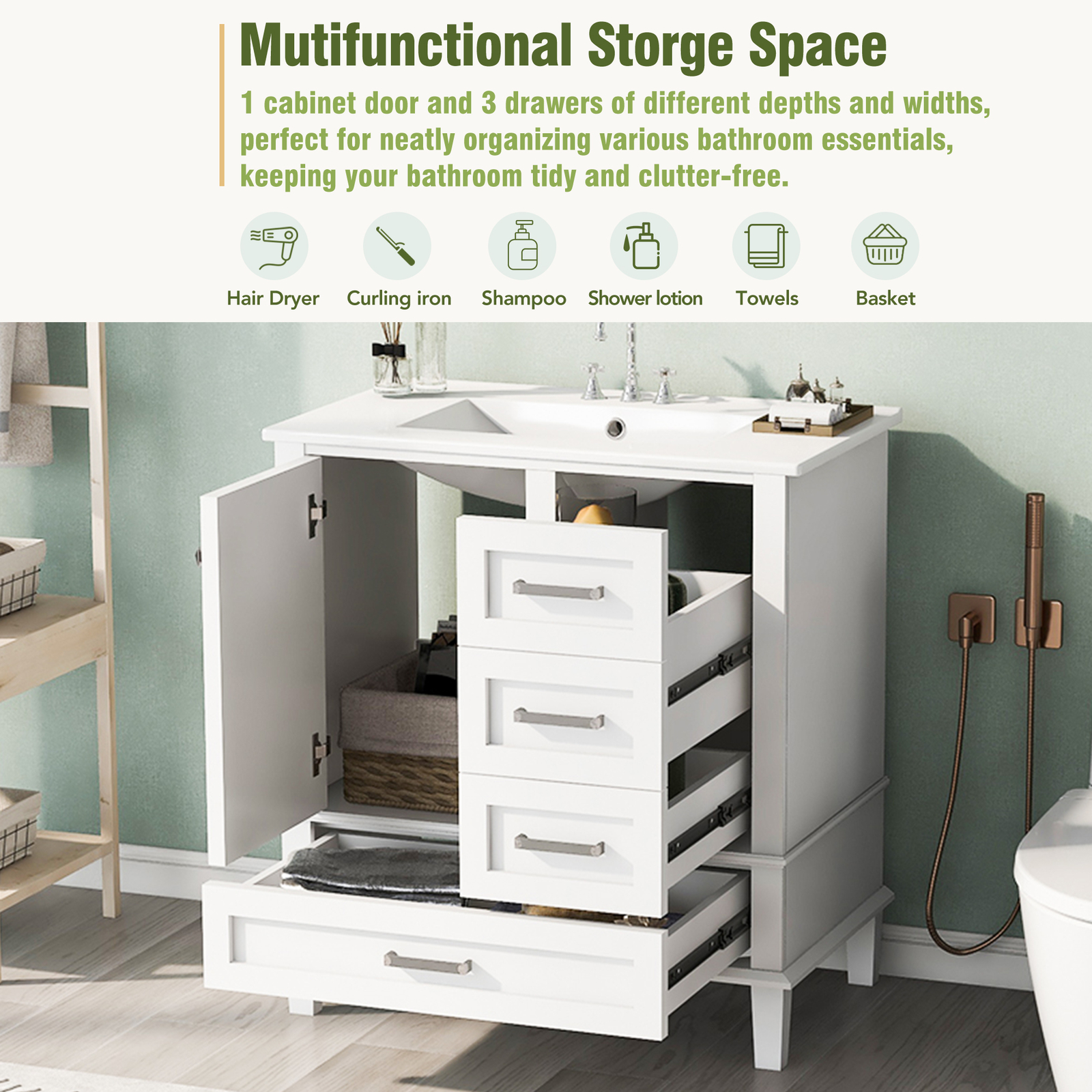30″ Solid Wood Bathroom Vanity Cabinet with Resin Sink Top, 1 Door and 3 Drawers
