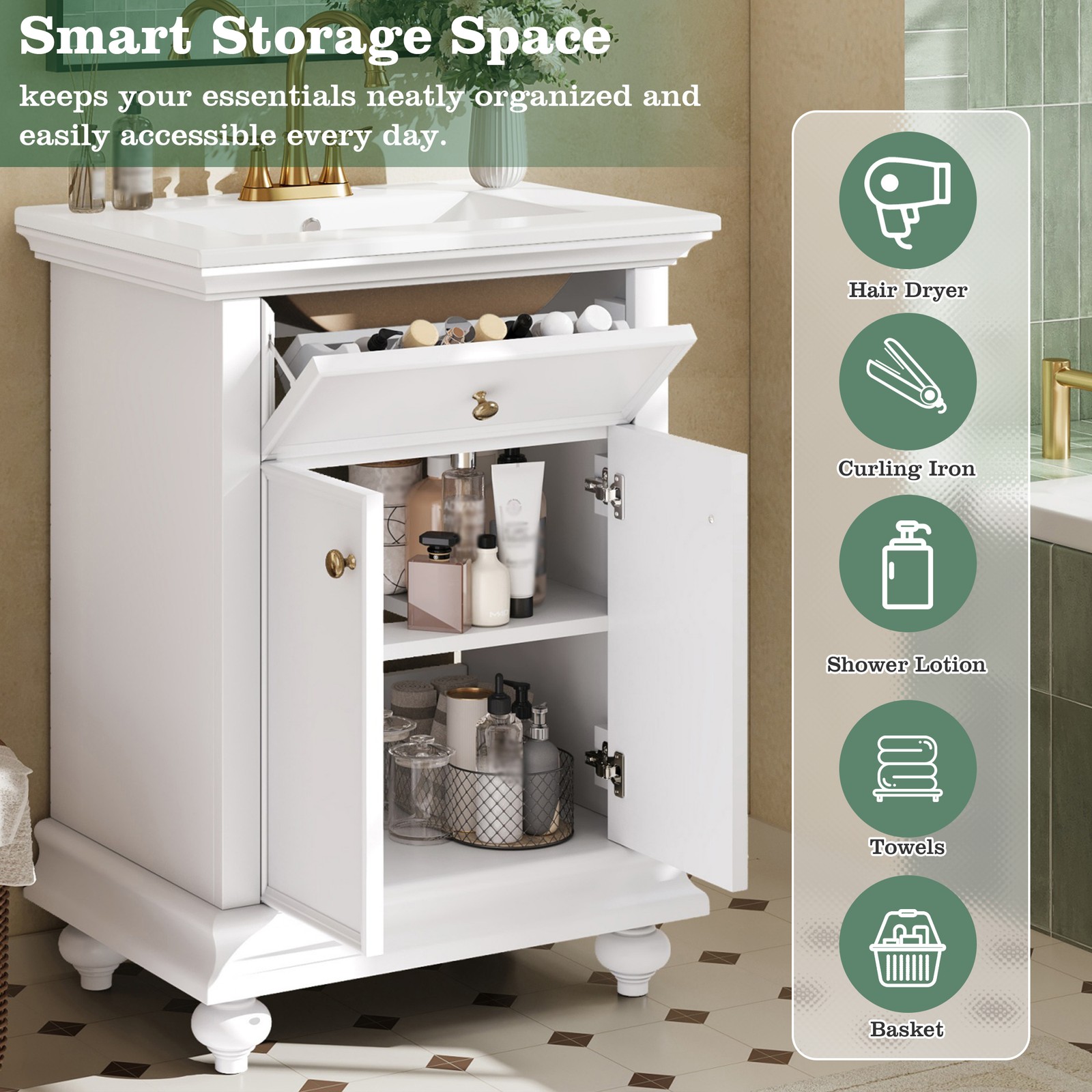 24″ Modern Bathroom Vanity with A Tip-Out Drawer & Soft-Close Hinges White