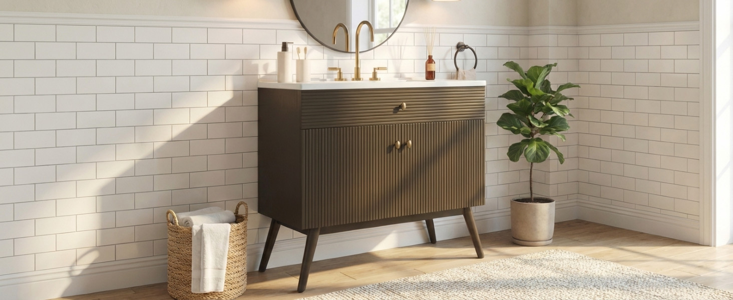 36″ Striped Bathroom Vanity, Soft-Close Dual-Door & Ceramic Sink, Dark Brown
