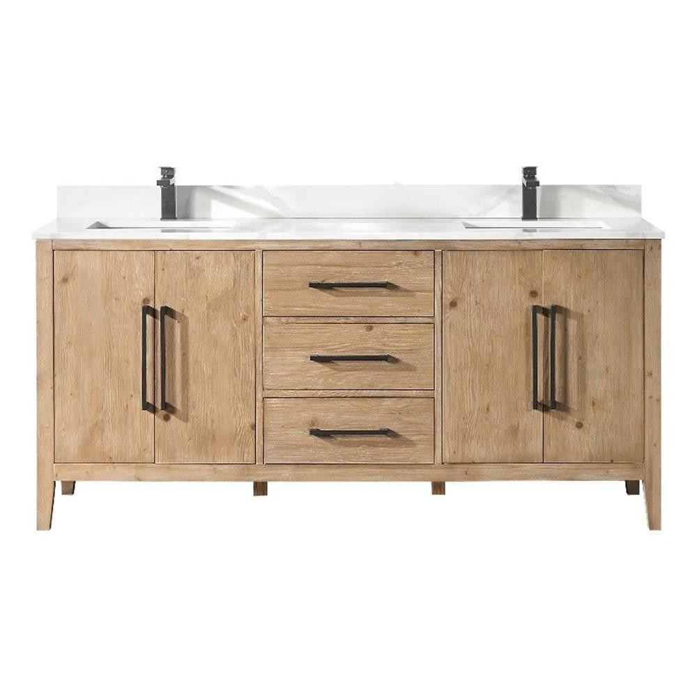 Laurel 72″ Wood Vanity in Weathered Fir Calacatta White Quartz Top no Mirror