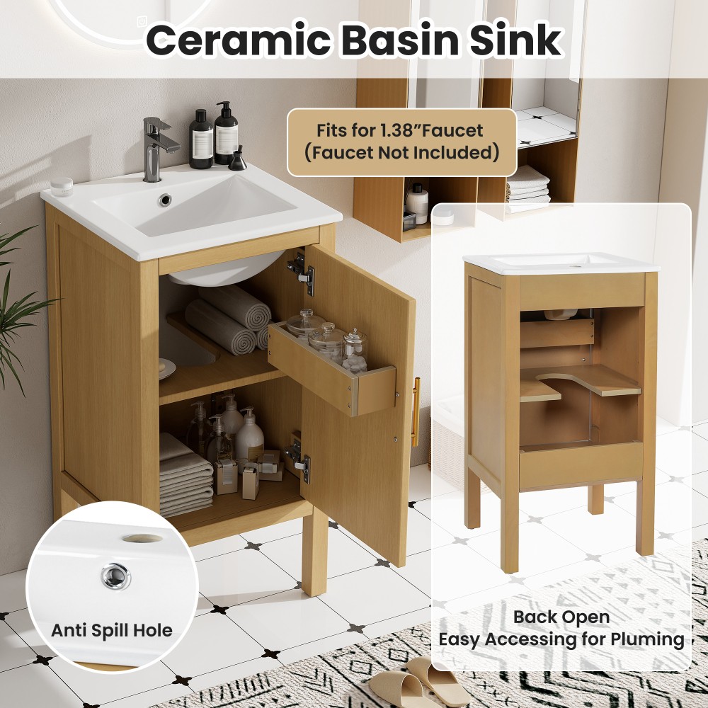 18″ Bathroom Cabinet Small Space Solution with Ceramic Sink Soft-Closing Hinges