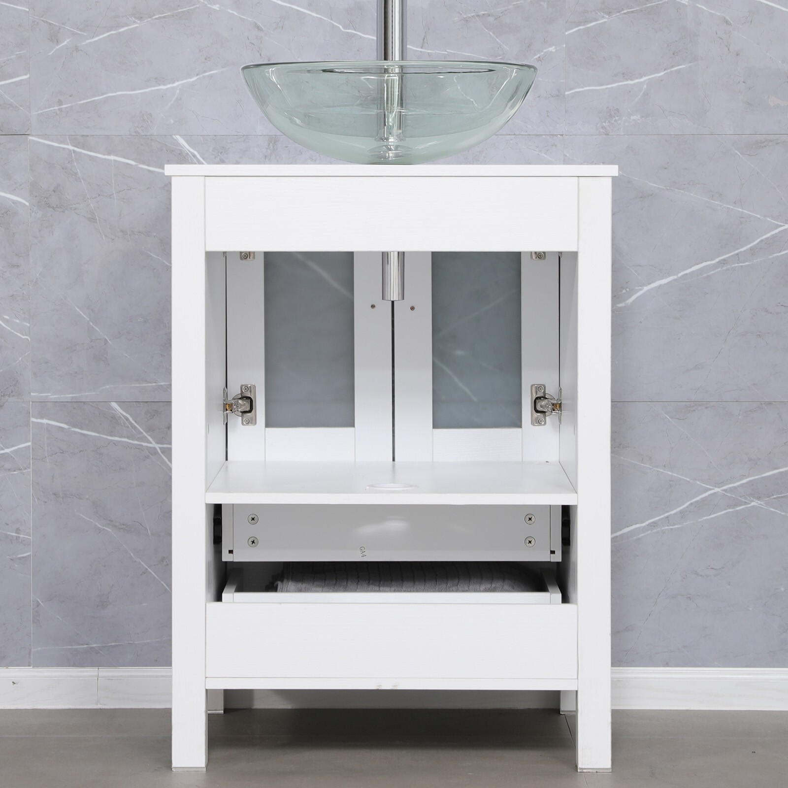 24″ White Bathroom Vanity Set Tempered Clear Glass Vessel Sink Combo No Mirror