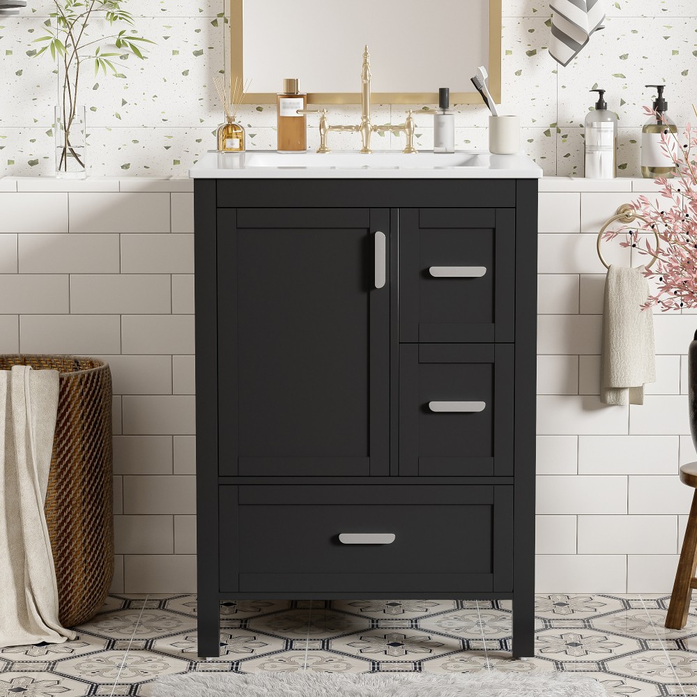 Bathroom vanity with sink Features double-door cabinet Includes three drawers