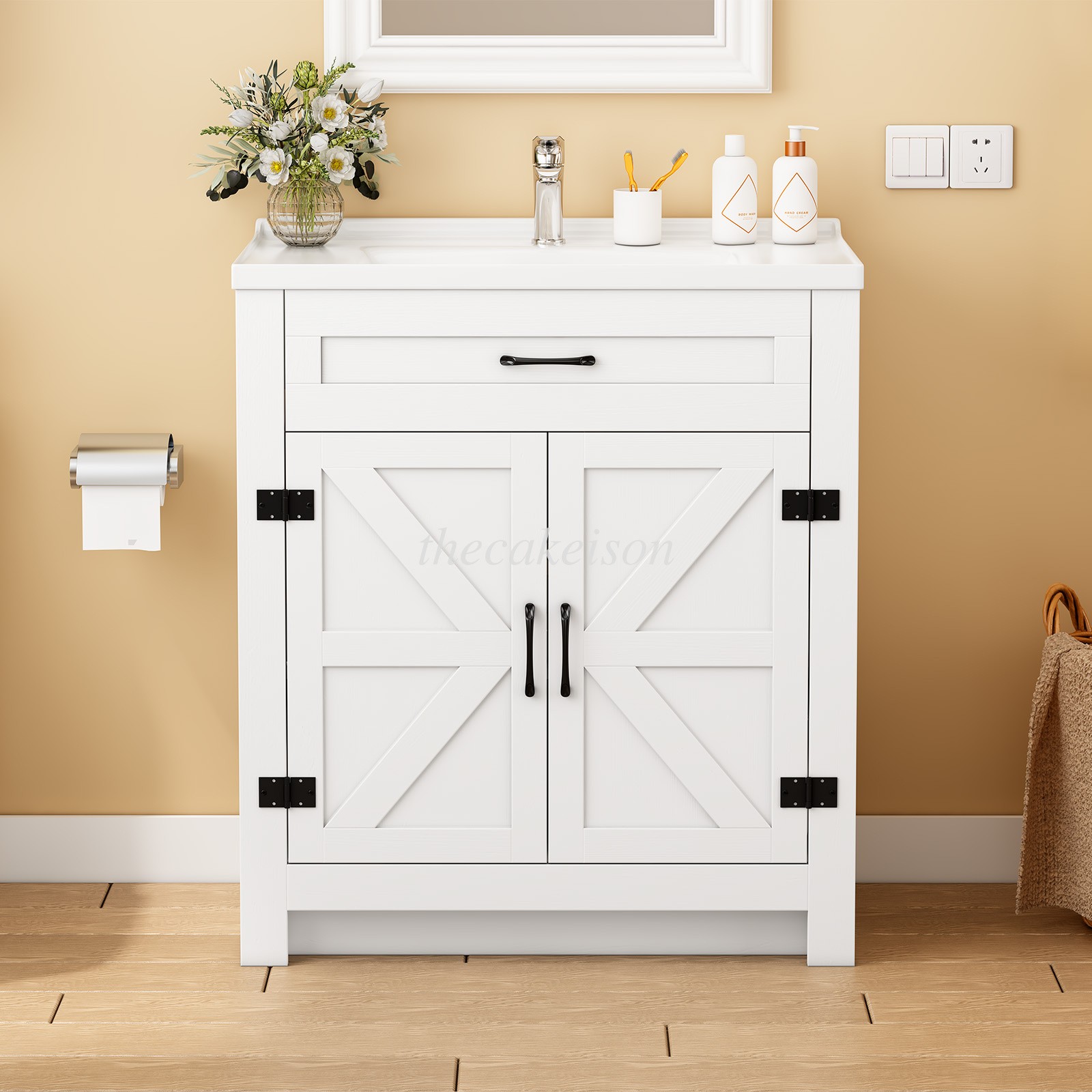 31″ Ceramic Sink Storage Bathroom Vanity Bathroom Cabinet Space with 2 Doors