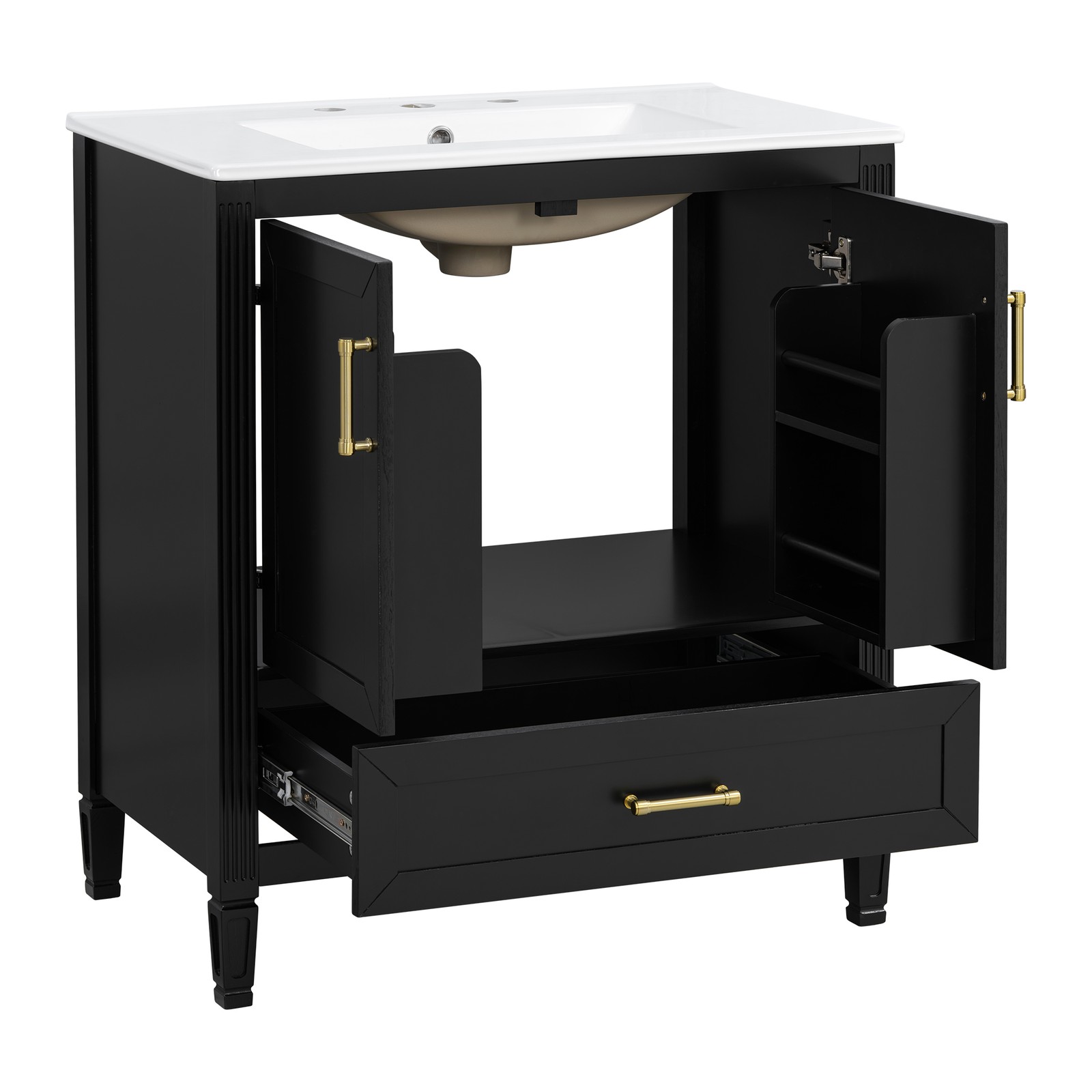 30 Inch Black Fluted Bathroom Vanity with Ceramic Sink, Soft-Close