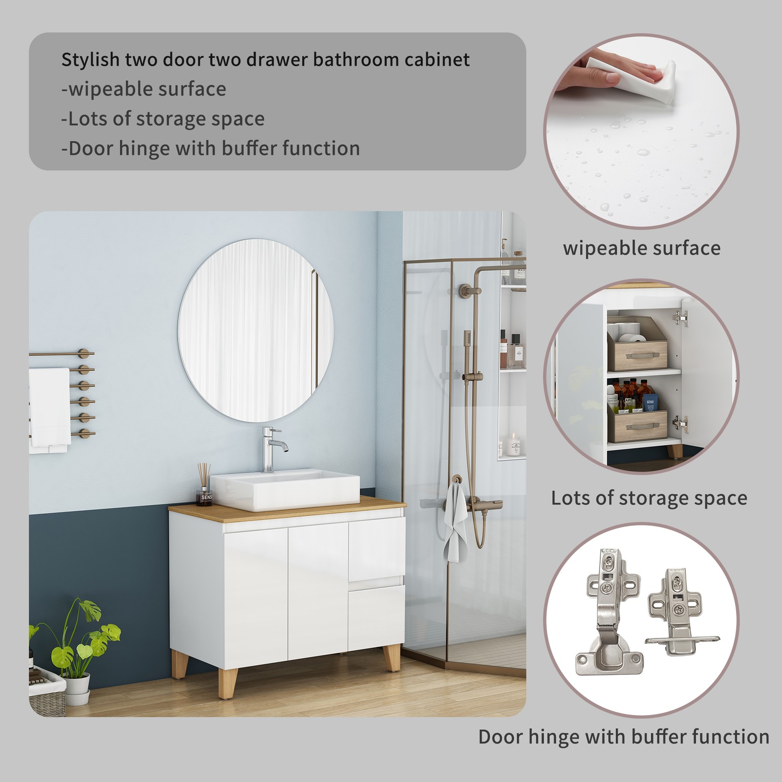 36 Inch Bathroom Vanity with Sink Combo, Glossy White, Solid Wood Top