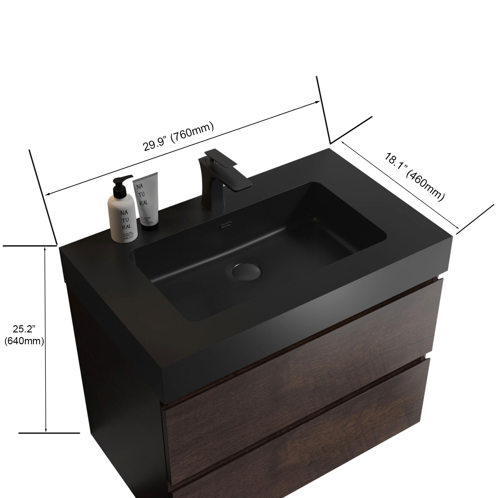 30″ Walnut Floating Bathroom Vanity with Black Sink, Triple Drawers