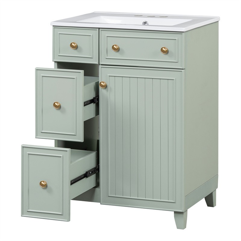 24″ Green Bathroom Vanity Cabinet with Ceramic Sink,2 Drawers,1 Soft-Close Door