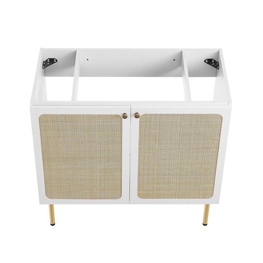 Pemberly Row 36″ Wood & Rattan Bathroom Vanity Cabinet in White