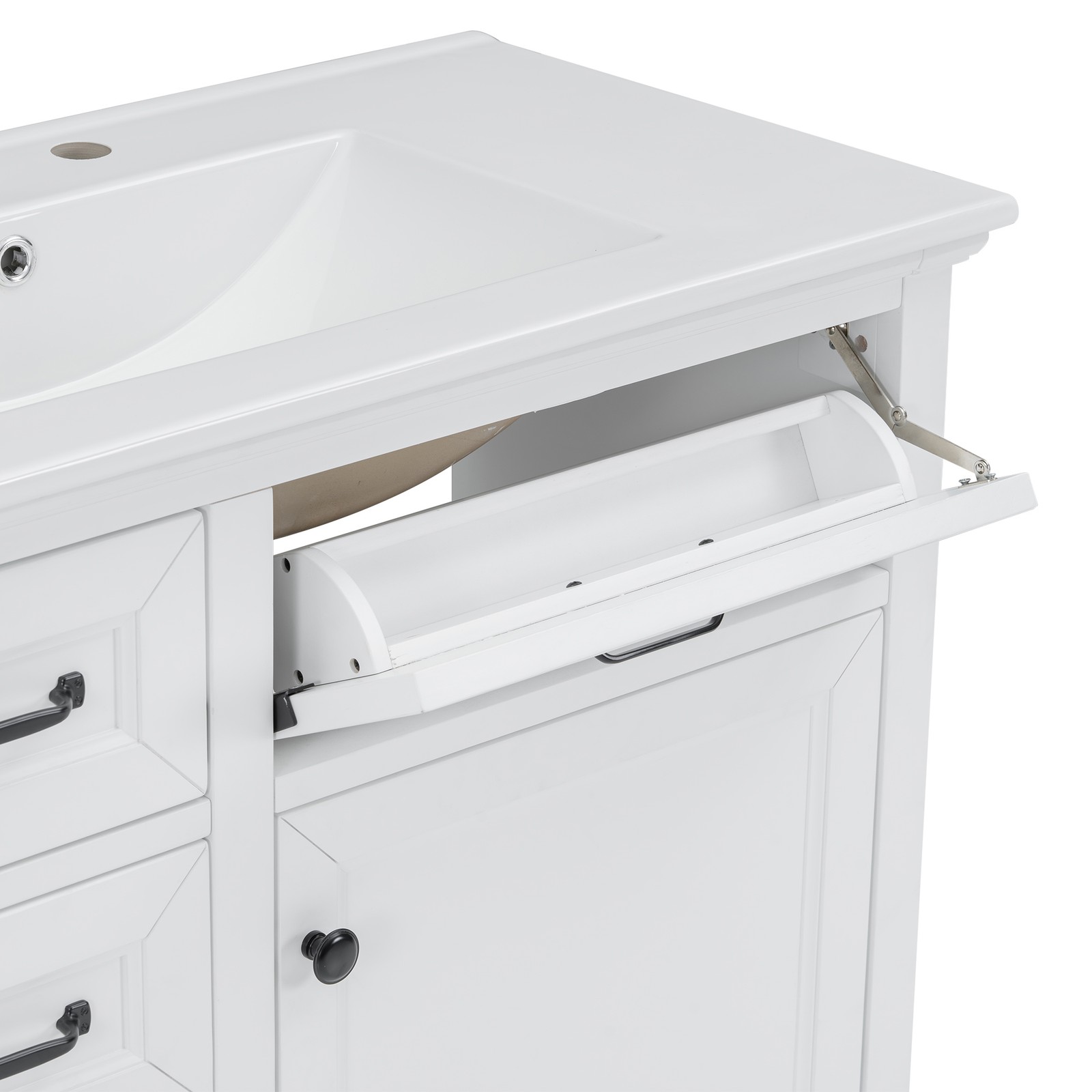 36″ Bathroom Vanity with Ceramic Sink Top, 4 Drawers & 1 Soft-Close Door