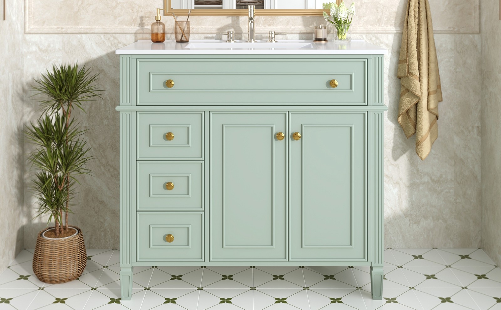 36 Inch Bathroom Vanity with Sink, Green Solid Wood Cabinet, Gold Handles