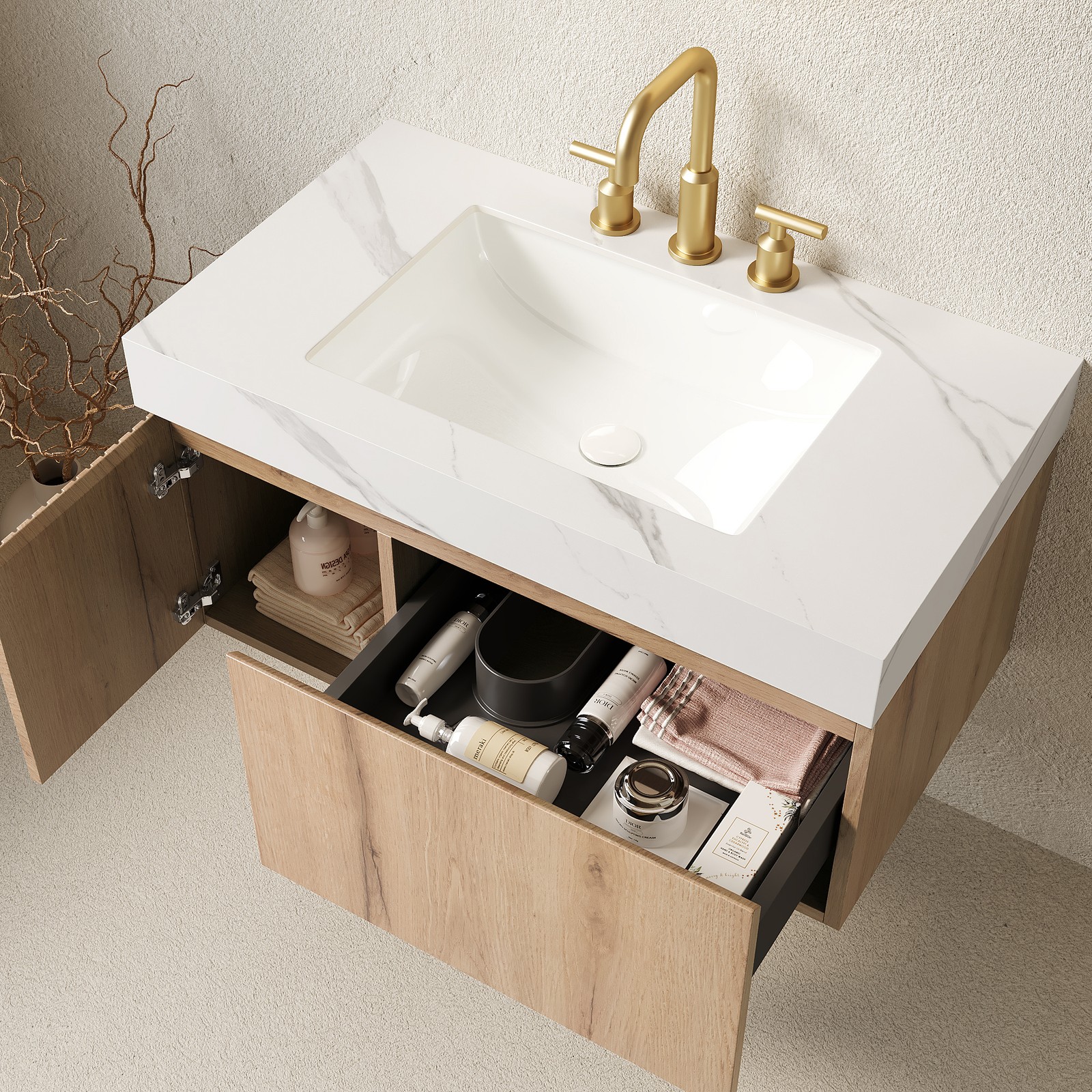 36″ Bathroom Vanity Sink Floating Plywood Cabinet White Oak Carrara White Stone