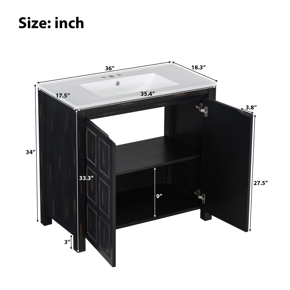 36″ Vintage Bathroom Vanity w/Ceramic Sink,Solid Wood Frame,Soft Close Doors