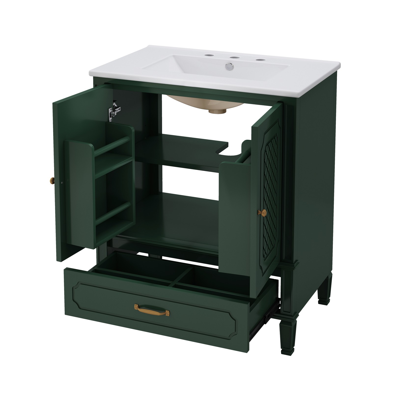 30″ Bathroom Vanity with Ceramic Sink, Green, Soft-Close Door & Drawer
