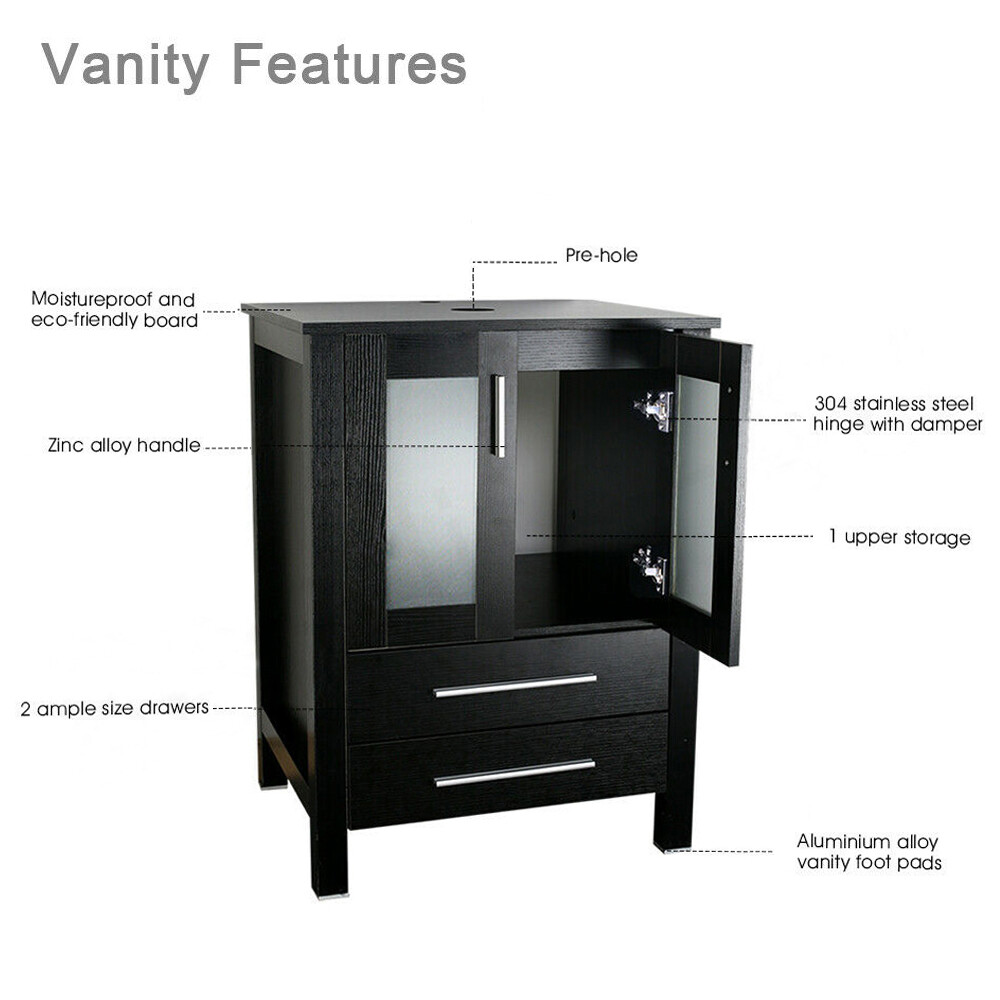 48″ Black Bathroom Vanity Set Cabinet Vessel Glass Ceramic Sink Faucet No Mirror