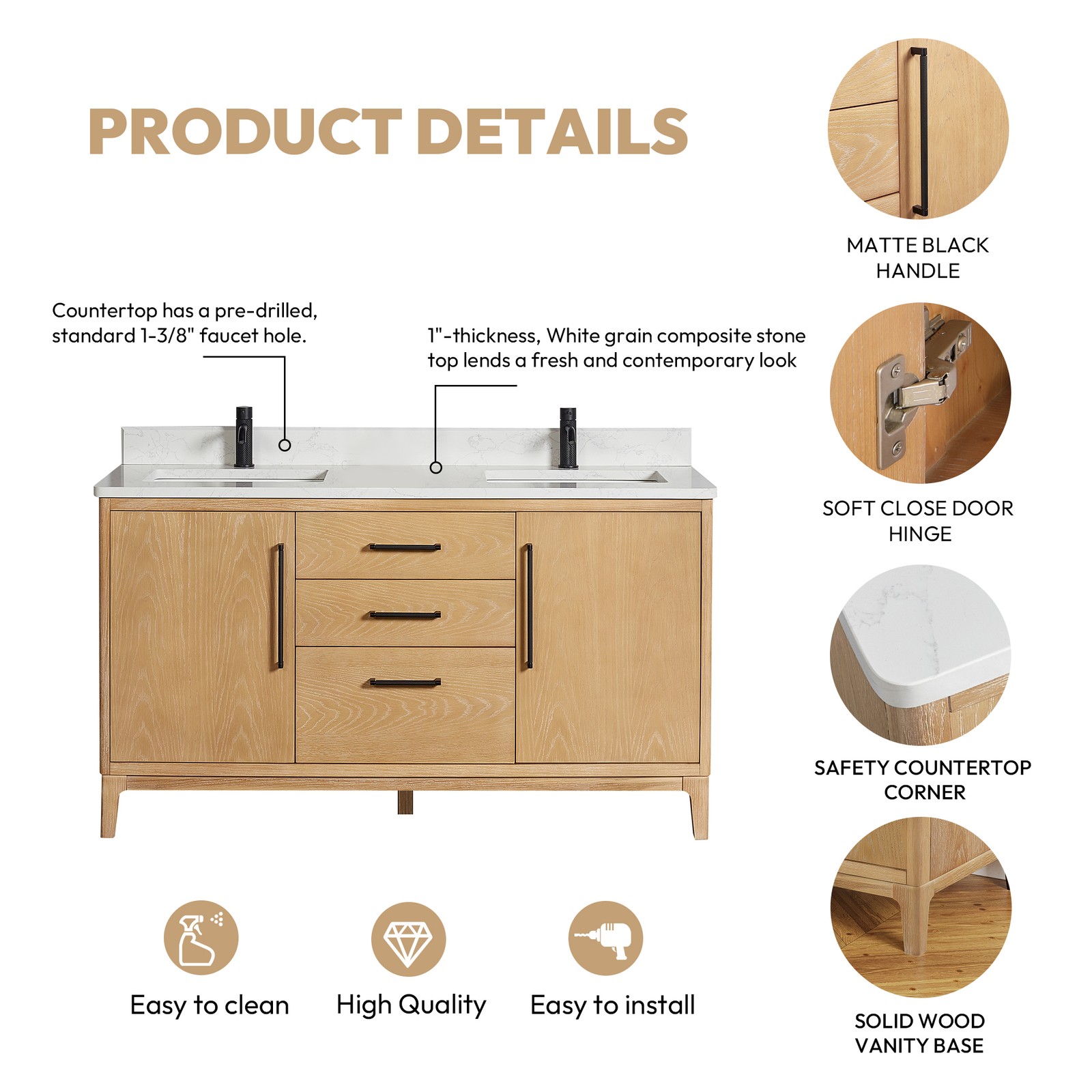 Gara 60M” Double Bath Vanity in Washed Ash Grey w/White Grain Composite & Mirror