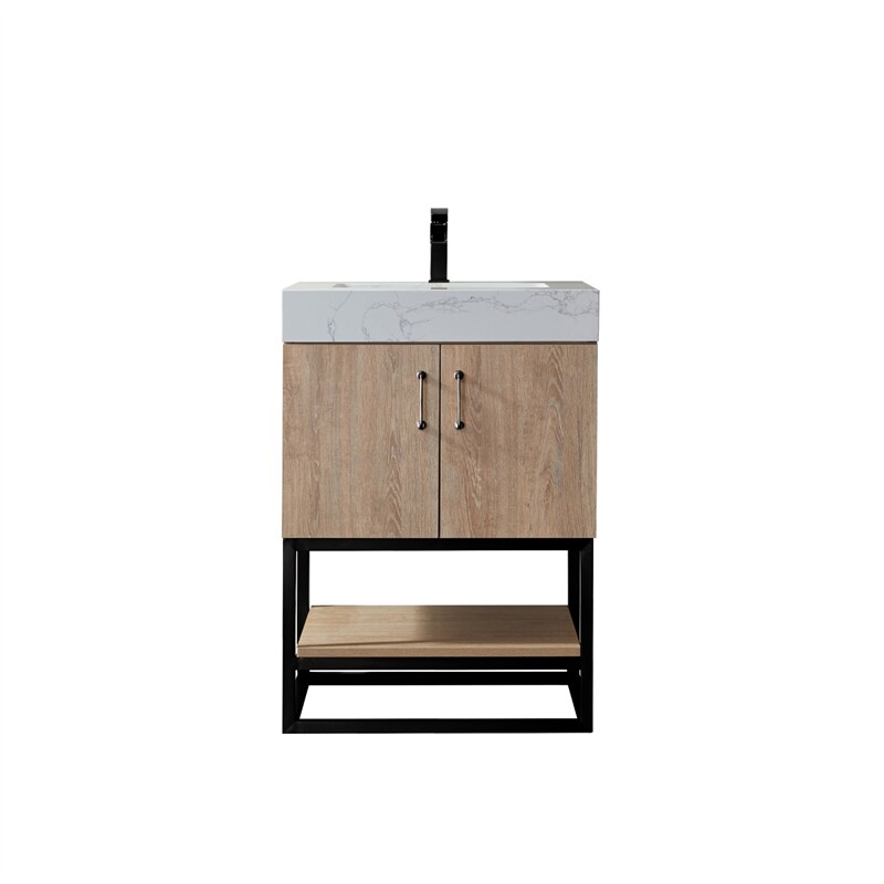 Vinnova Alistair 24″ White Stone Top Oak Single Vanity Black Frame w/o Mirror