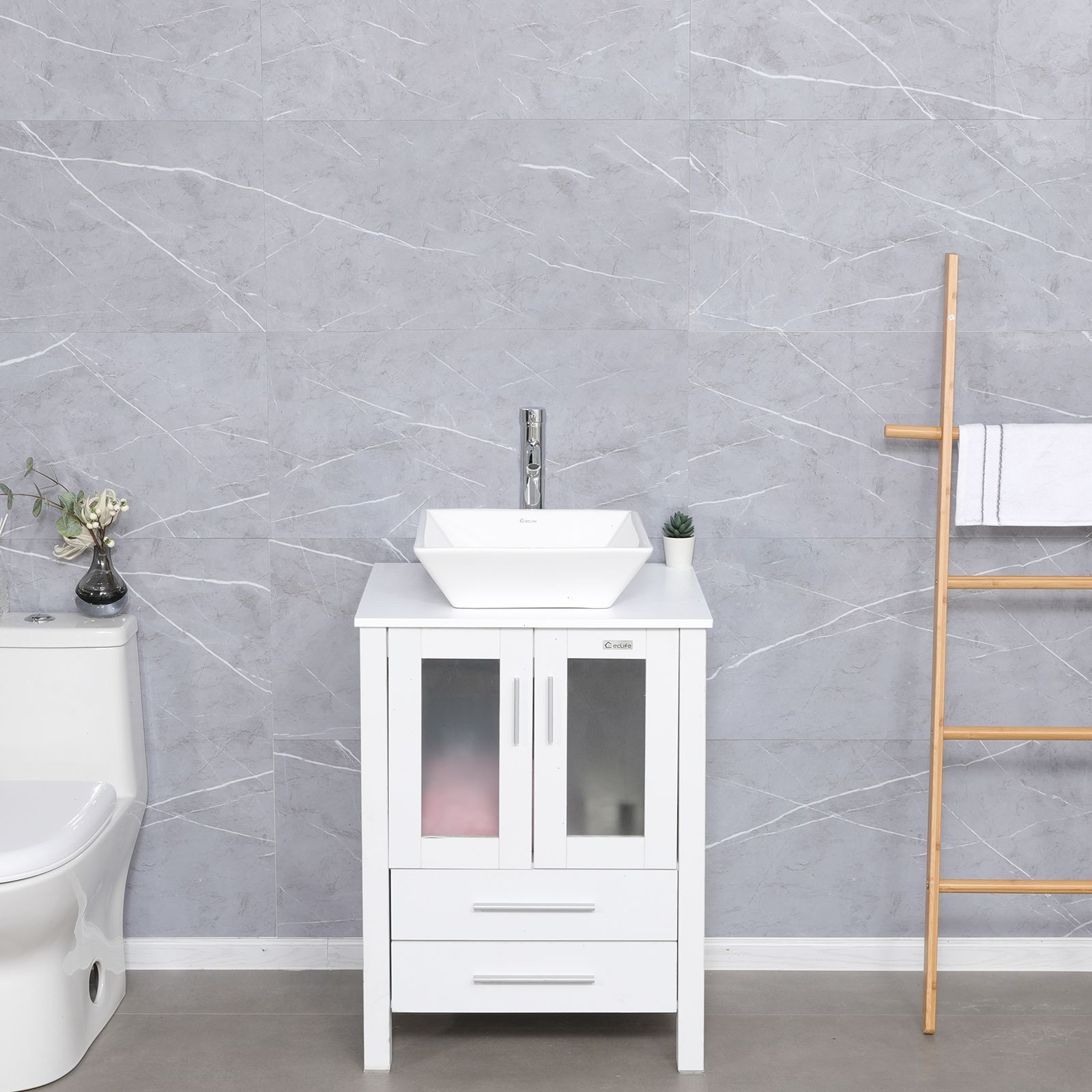 48 inch White Bathroom Vanity Set W/ White Ceramic Sink Faucet Small Side table