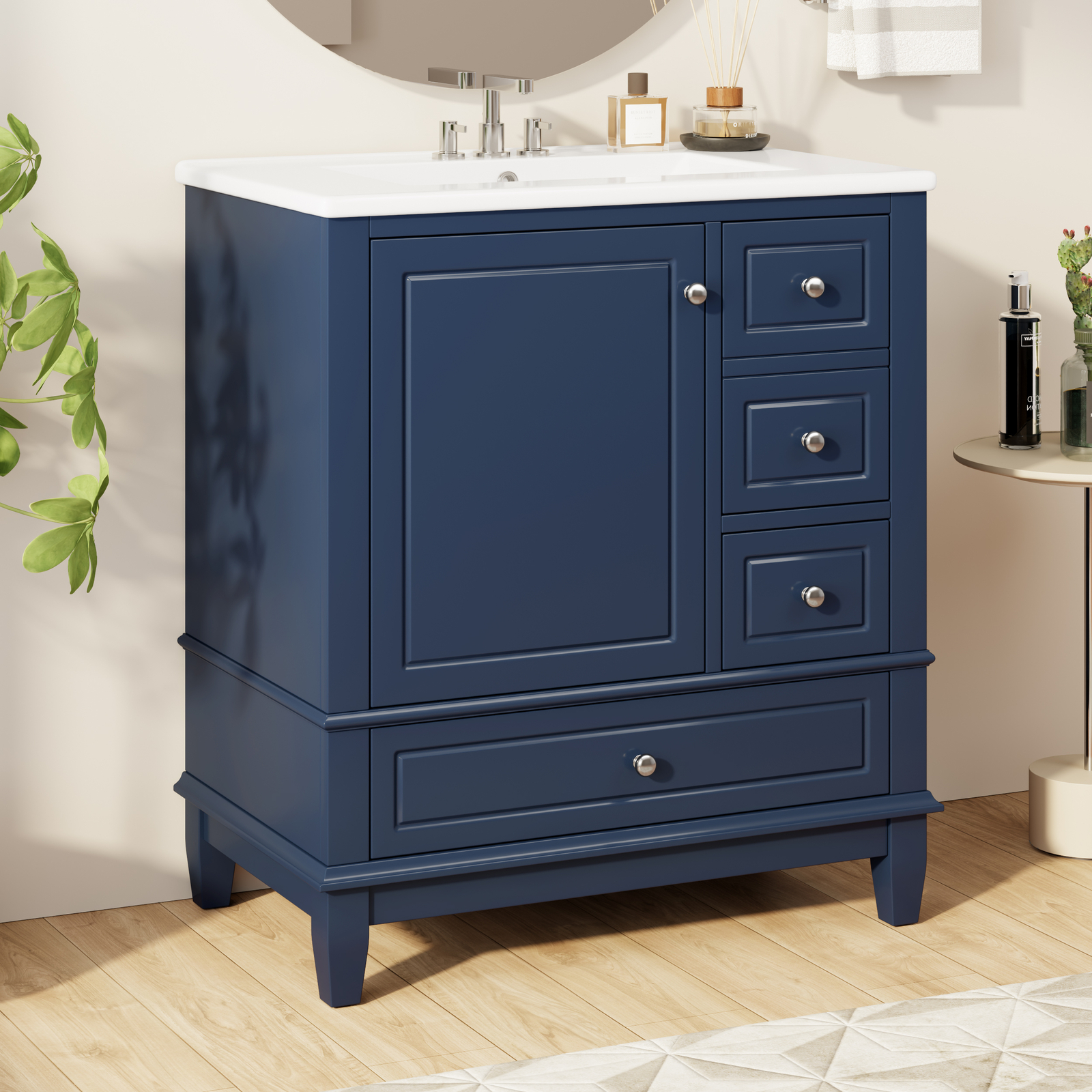 30″ Bathroom Vanity w/Ceramic Sink Freestanding Solid Wood Storage Cabinet Shelf