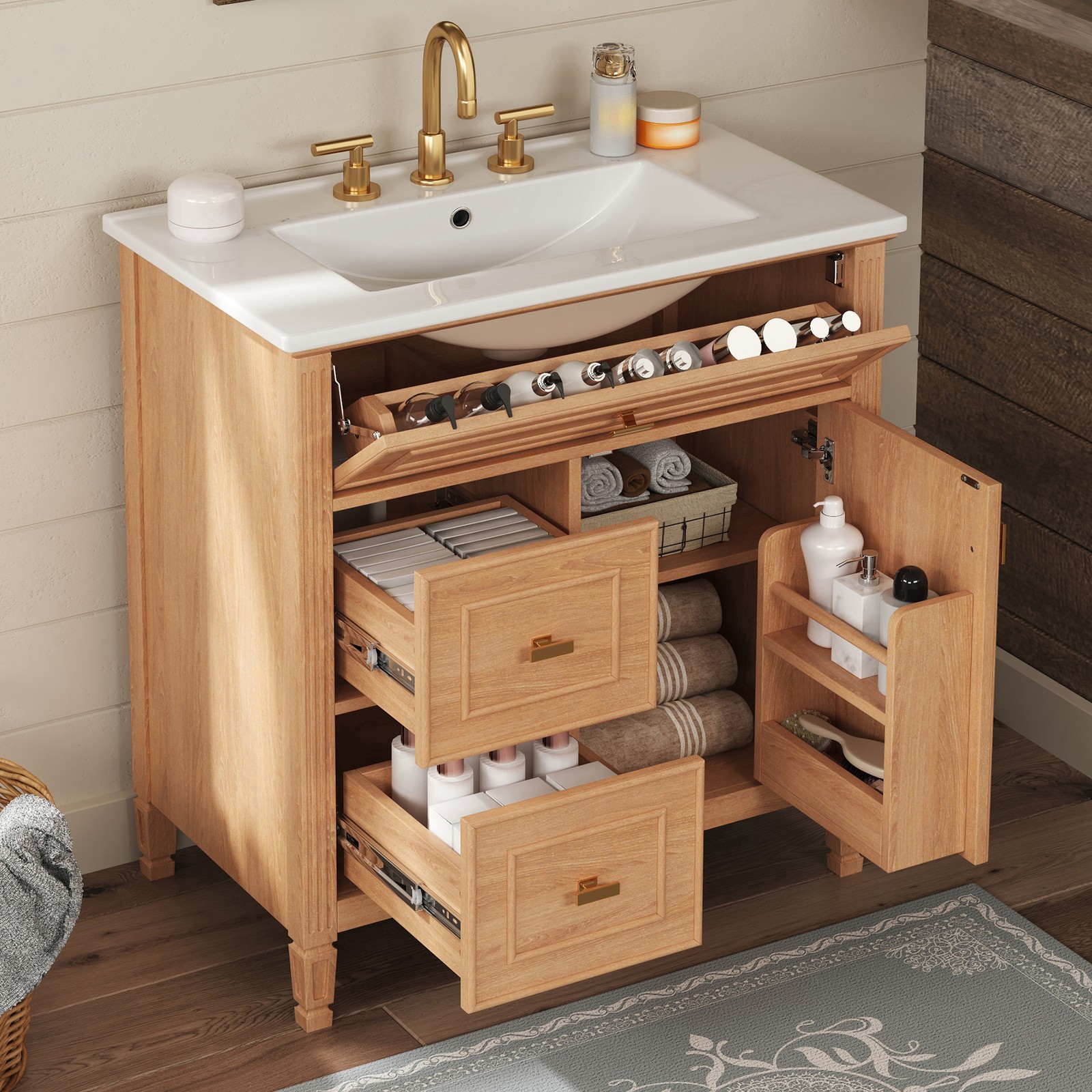 30″ Bathroom Vanity with Sink, Cabinet, Drawers, Solid Wood & MDF