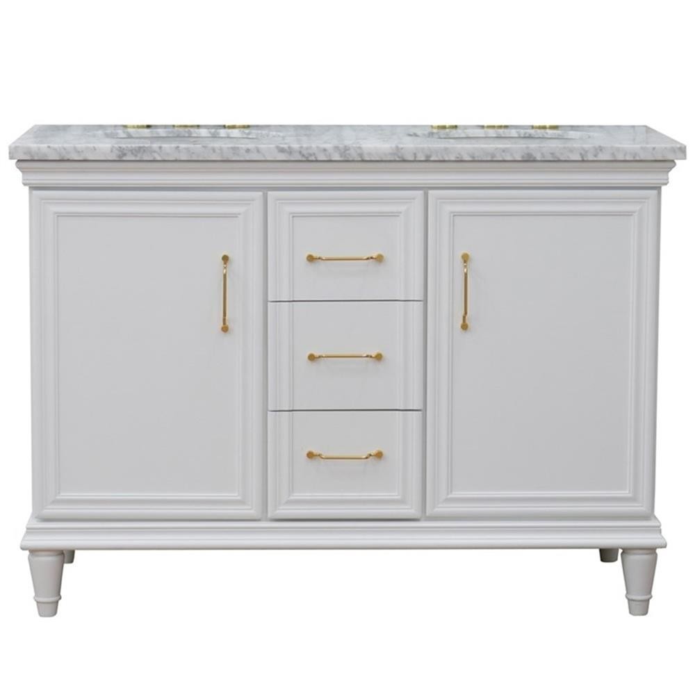 49 in. Double Wooden Vanity White with White Carrara Oval Sink